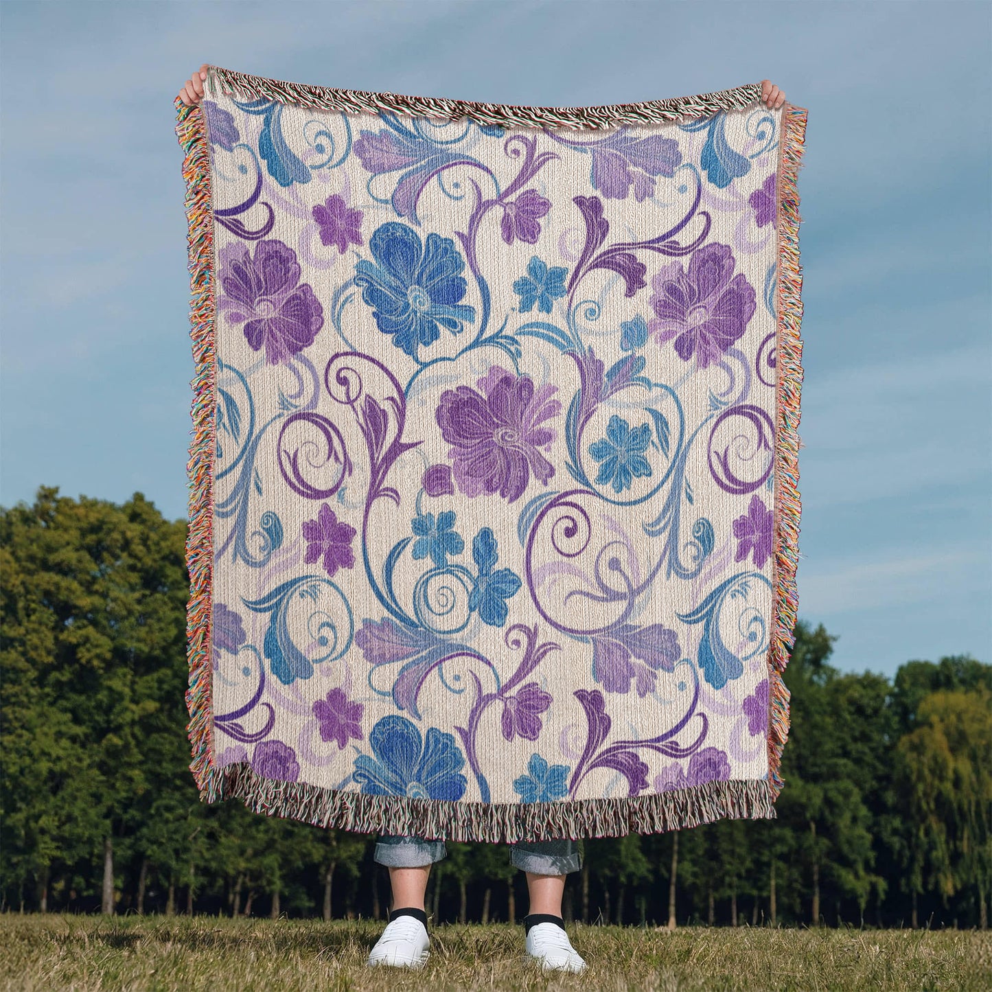 Blue And Purple Floral Pattern 016 - 50" x 60" Heirloom Woven Blanket