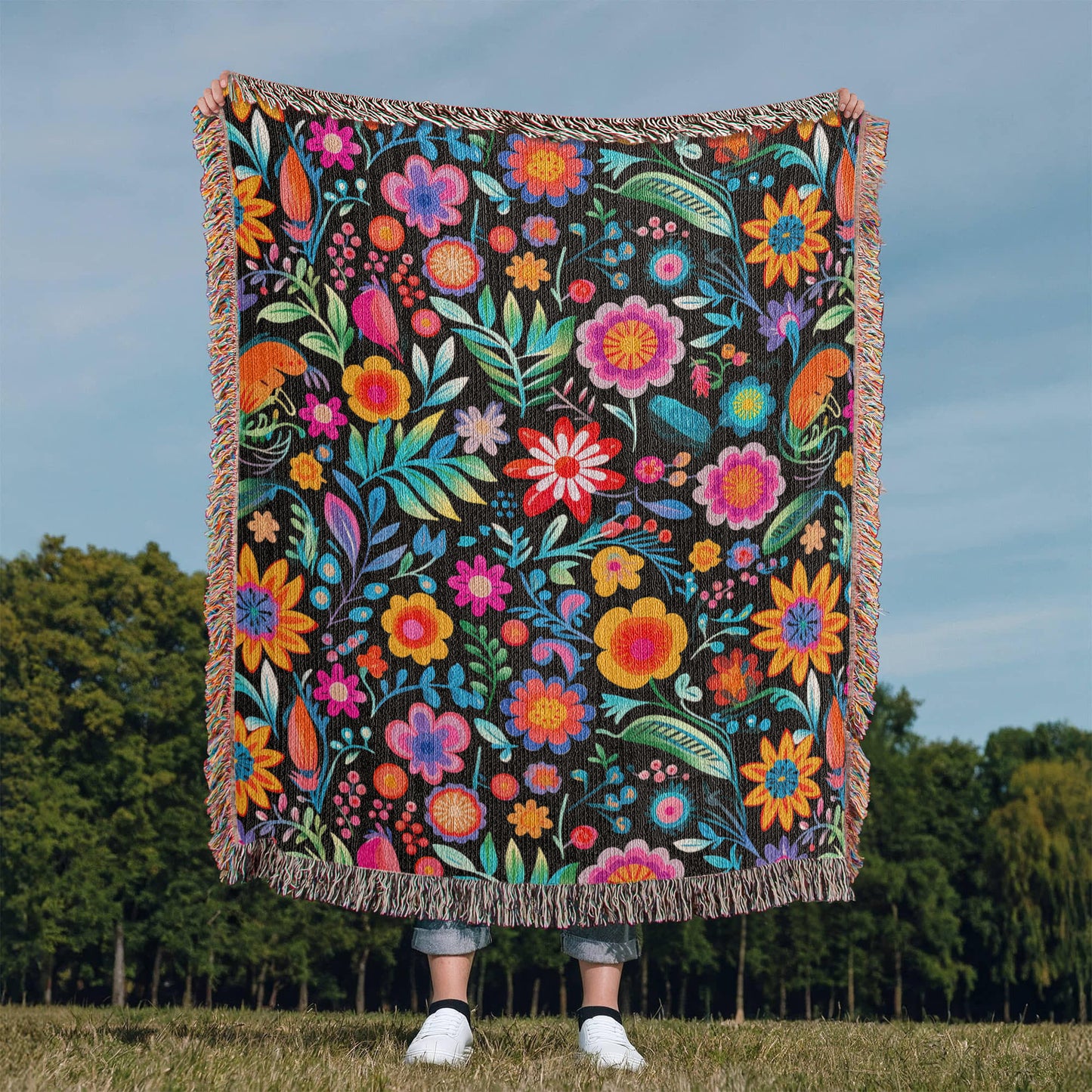 Mexican Floral Fiesta Pattern 060 - 50" x 60" Heirloom Woven Blanket