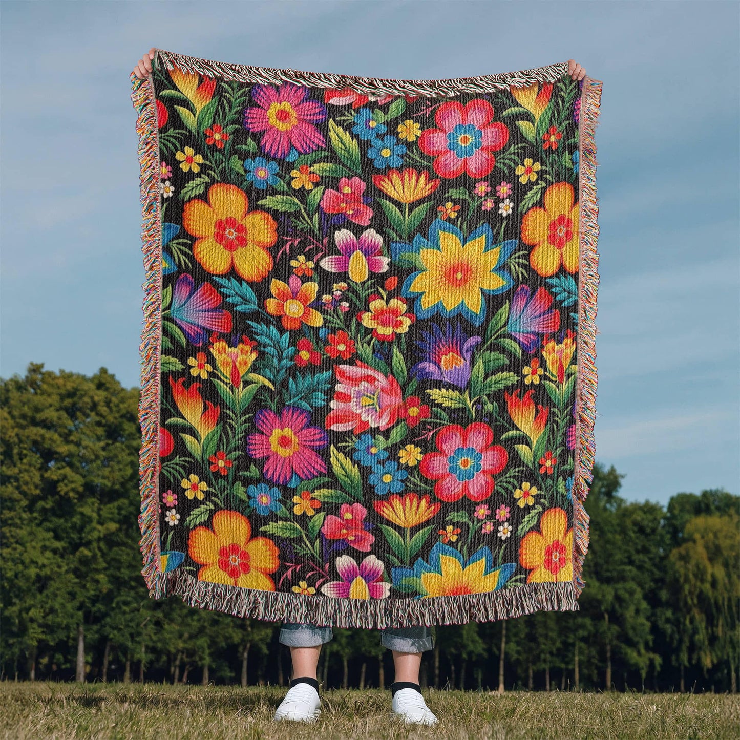 Mexican Floral Fiesta Pattern 030 - 50" x 60" Heirloom Woven Blanket