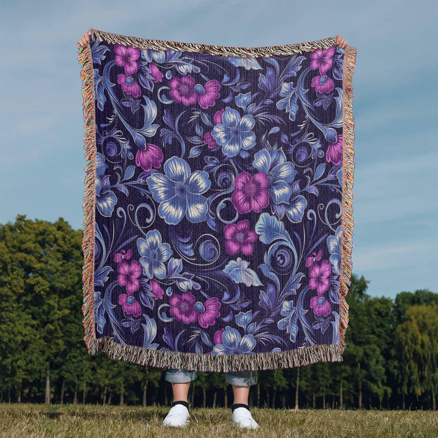 Blue And Purple Floral Pattern 013 - 50" x 60" Heirloom Woven Blanket