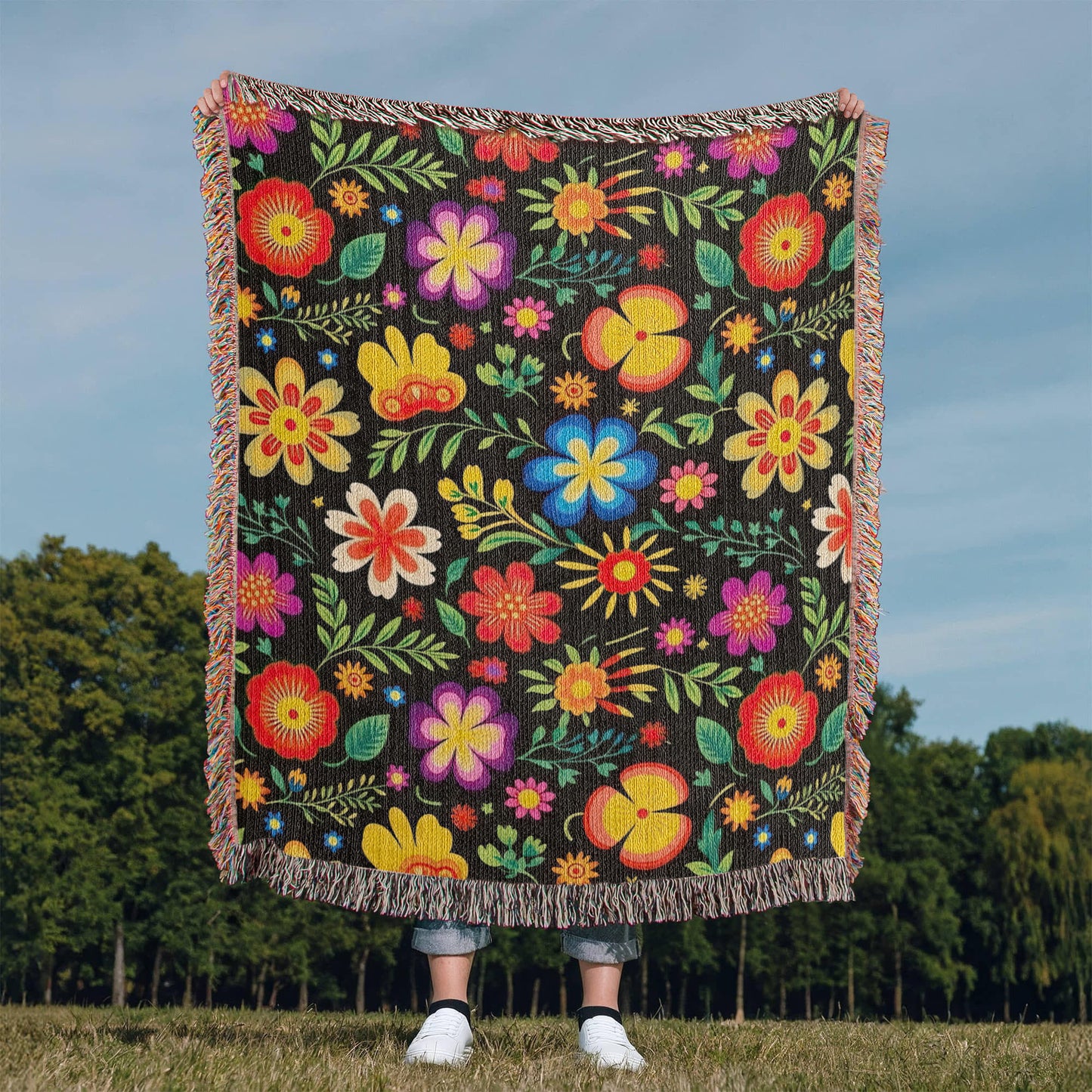 Mexican Floral Fiesta Pattern 032 - 50" x 60" Heirloom Woven Blanket