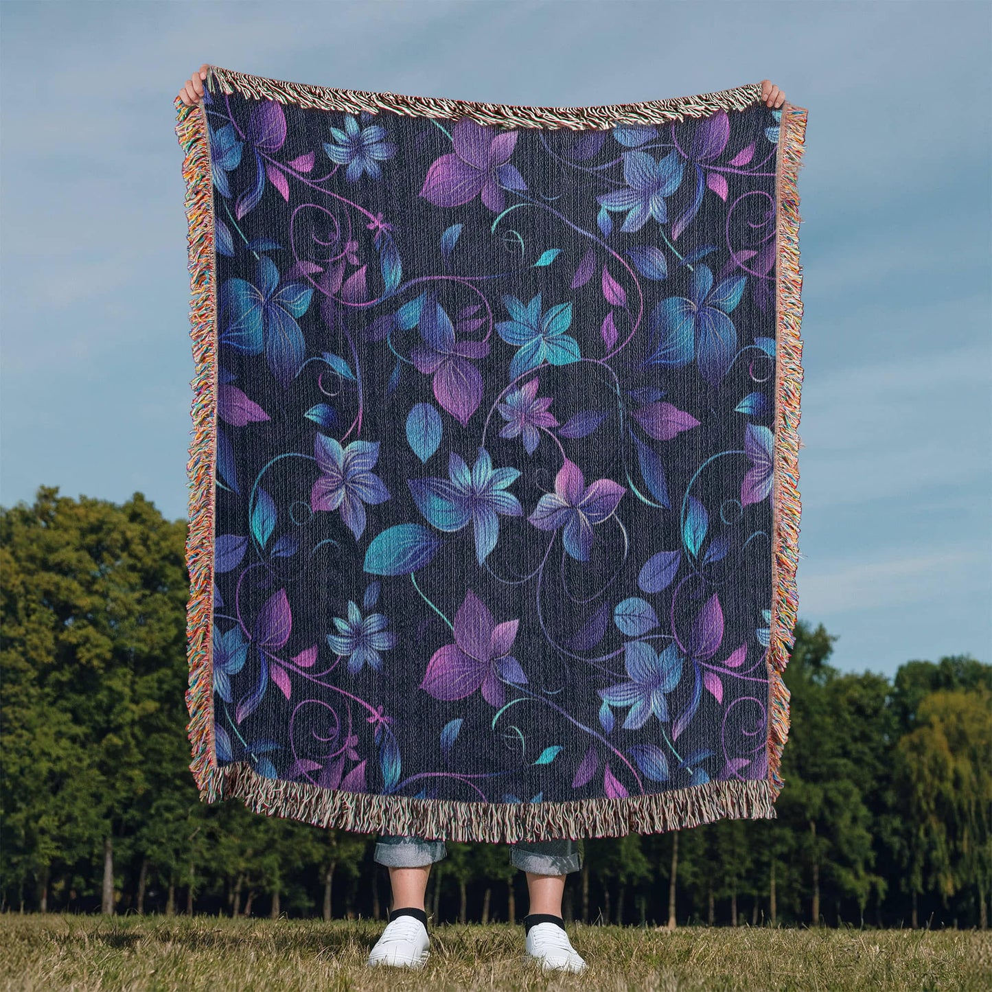 Blue And Purple Floral Pattern 002 - 50" x 60" Heirloom Woven Blanket