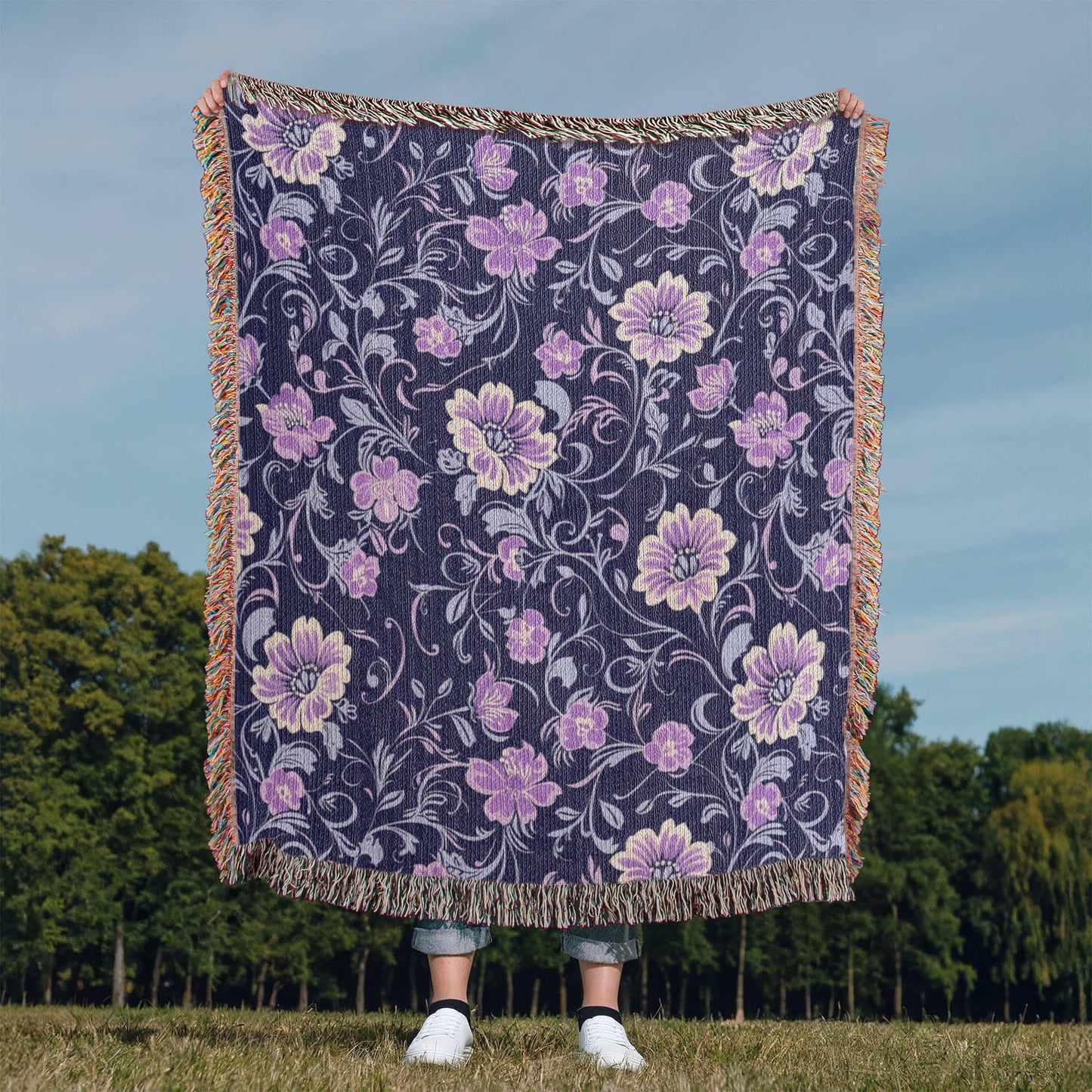 Blue And Purple Floral Pattern 006 - 50" x 60" Heirloom Woven Blanket