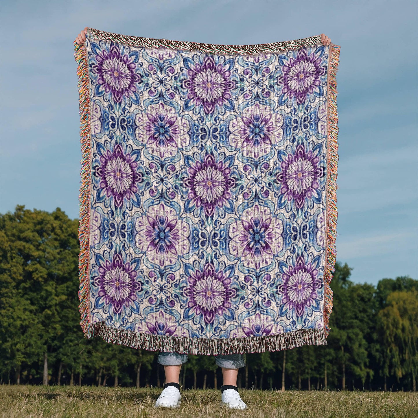 Blue And Purple Floral Pattern 020 - 50" x 60" Heirloom Woven Blanket