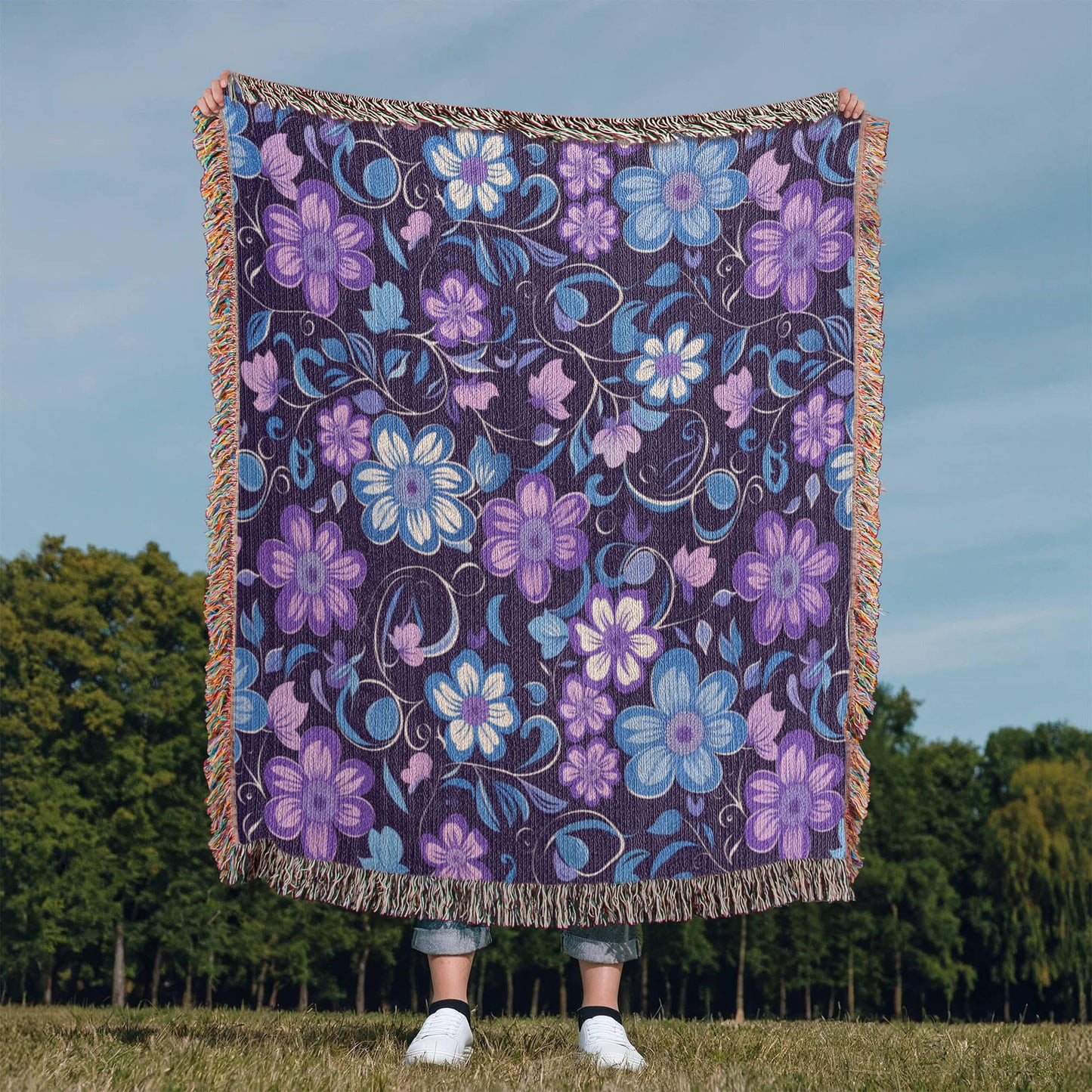 Blue And Purple Floral Pattern 003 - 50" x 60" Heirloom Woven Blanket