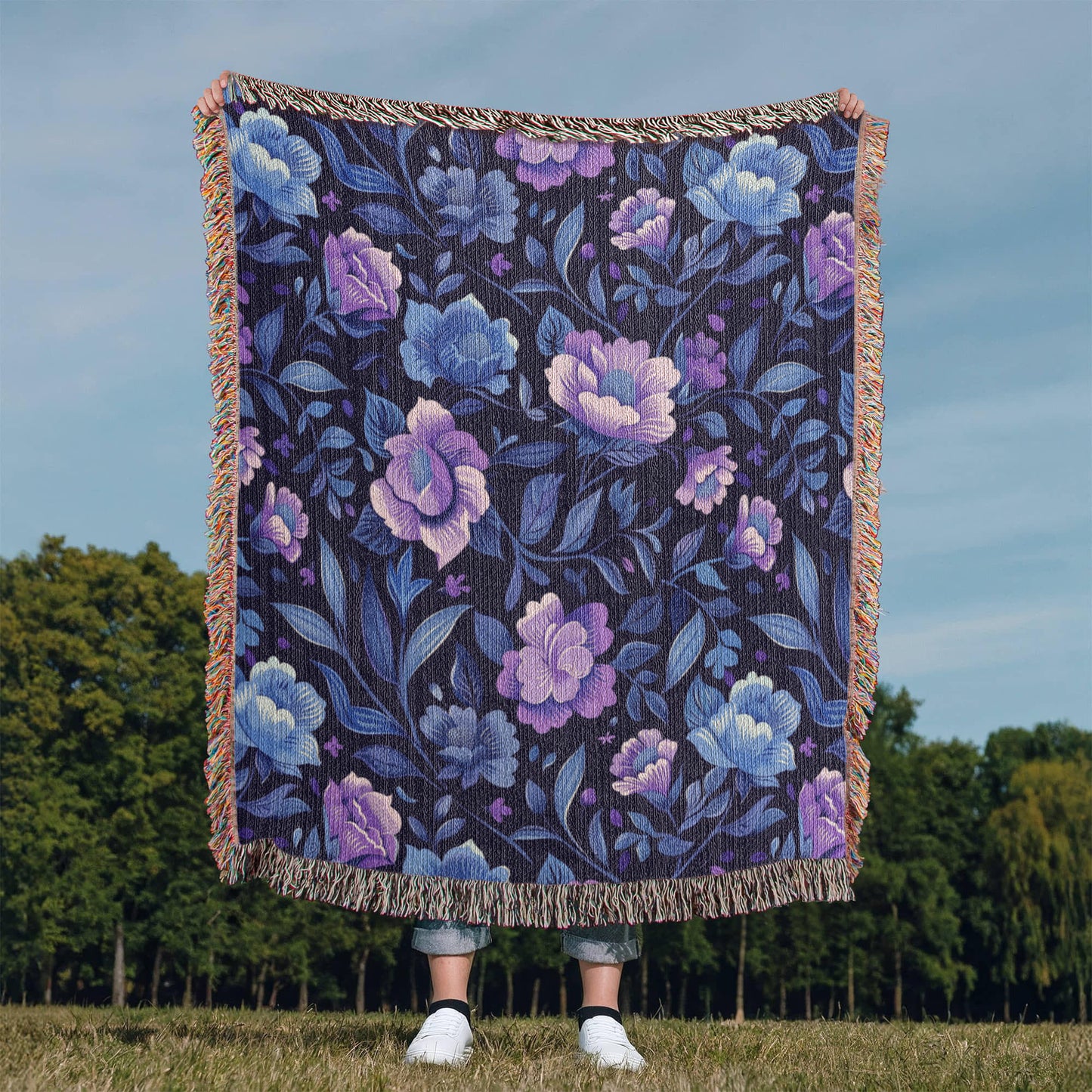 Blue And Purple Floral Pattern 007 - 50" x 60" Heirloom Woven Blanket