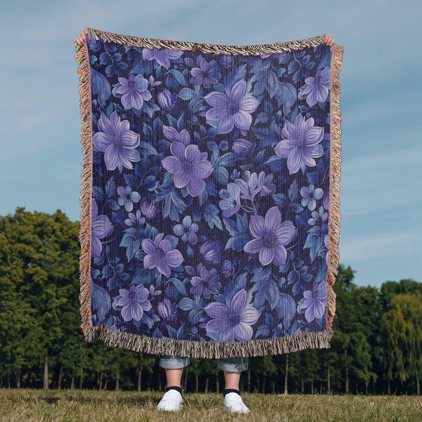 Blue And Purple Floral Pattern 014 - 50" x 60" Heirloom Woven Blanket