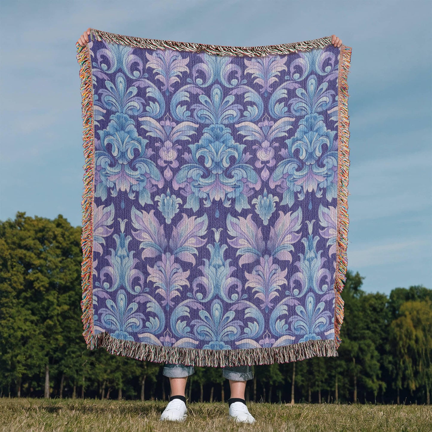 Blue And Purple Floral Pattern 018 - 50" x 60" Heirloom Woven Blanket