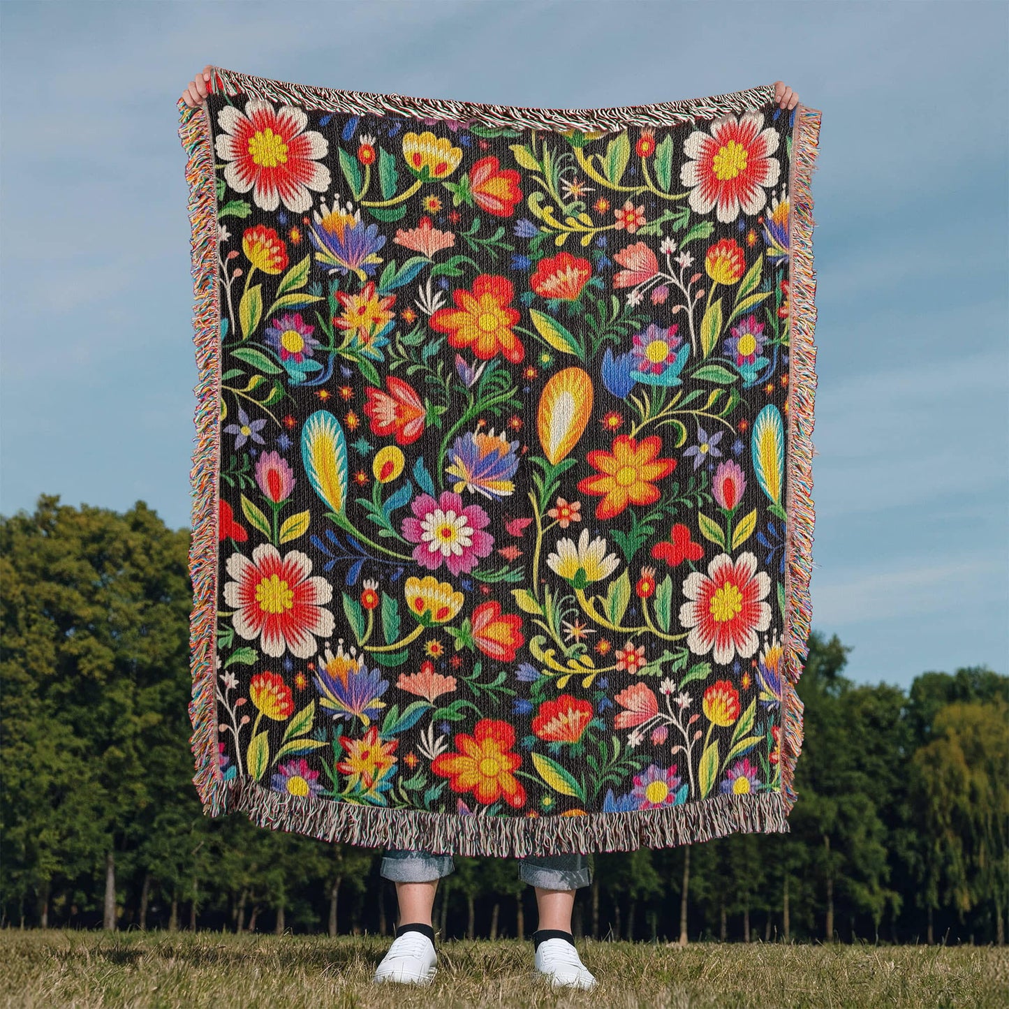 Mexican Floral Fiesta Pattern 038 - 50" x 60" Heirloom Woven Blanket