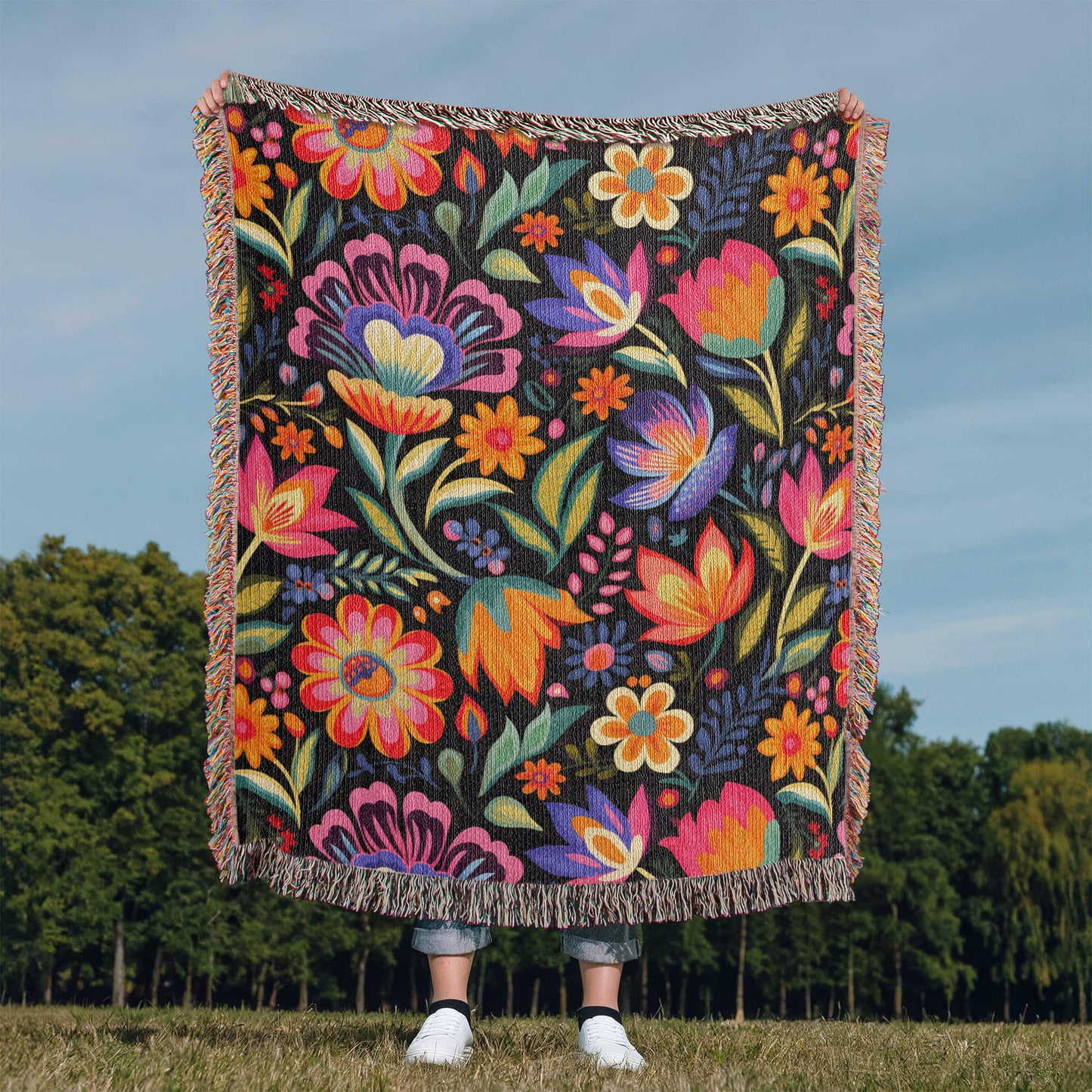 Mexican Floral Fiesta Pattern 052 - 50" x 60" Heirloom Woven Blanket