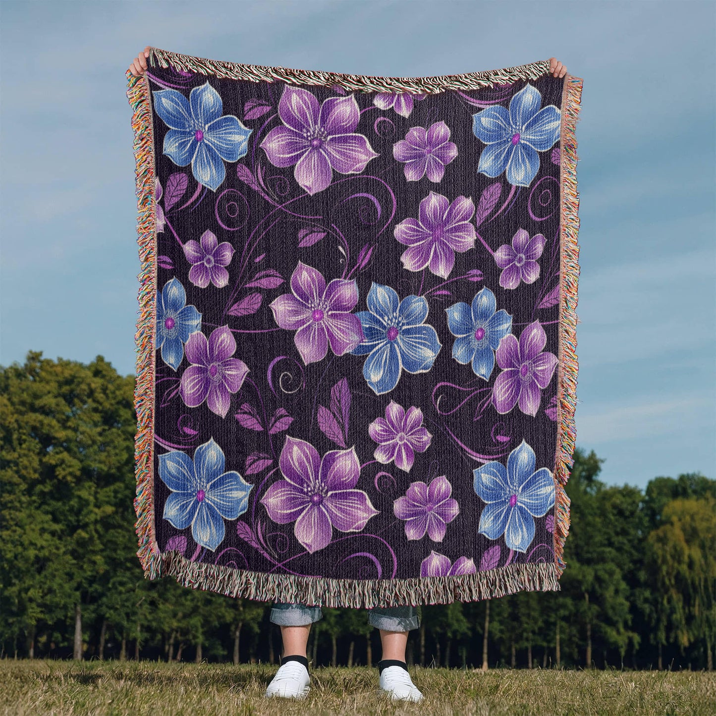 Blue And Purple Floral Pattern 009 - 50" x 60" Heirloom Woven Blanket