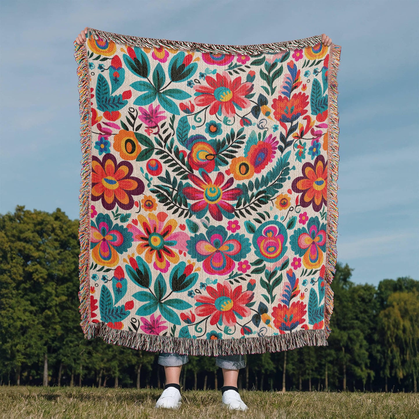 Mexican Floral Fiesta Pattern 051 - 50" x 60" Heirloom Woven Blanket