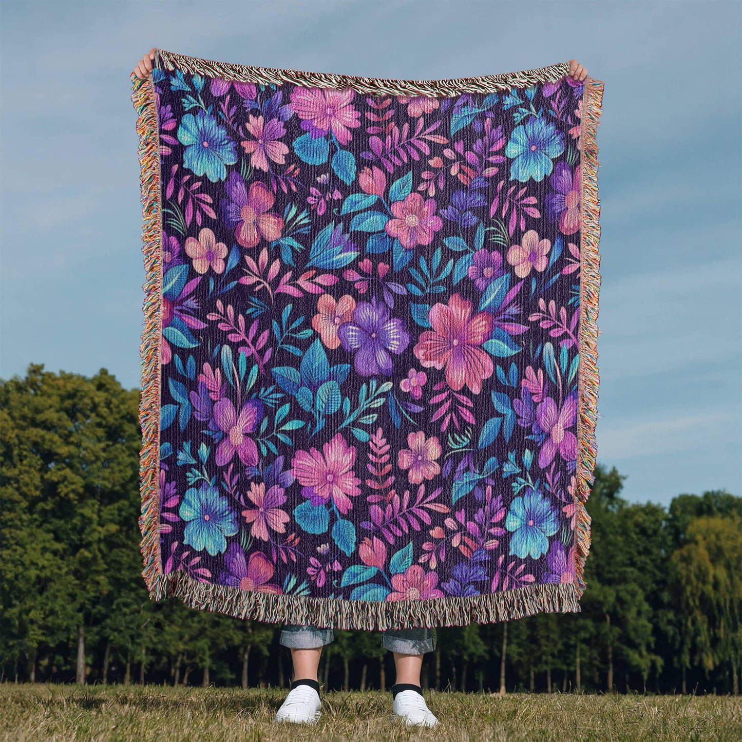Blue And Purple Floral Pattern 015 - 50" x 60" Heirloom Woven Blanket