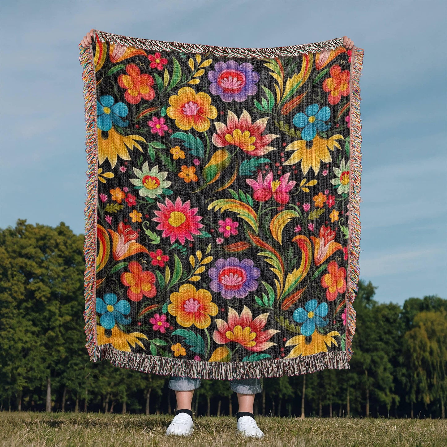 Mexican Floral Fiesta Pattern 033 - 50" x 60" Heirloom Woven Blanket