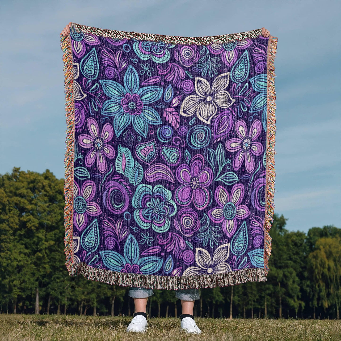 Blue And Purple Floral Pattern 005 - 50" x 60" Heirloom Woven Blanket