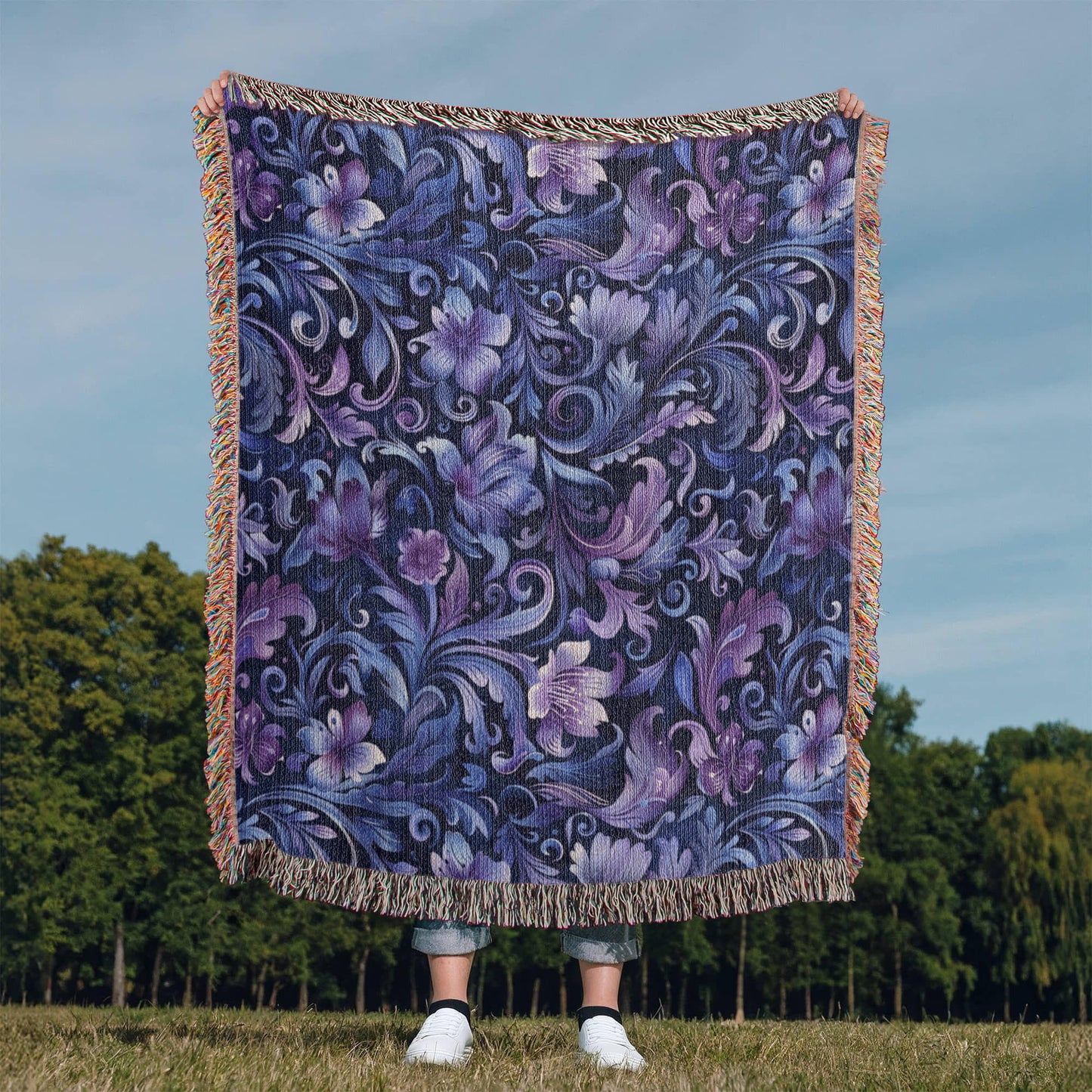 Blue And Purple Floral Pattern 023 - 50" x 60" Heirloom Woven Blanket