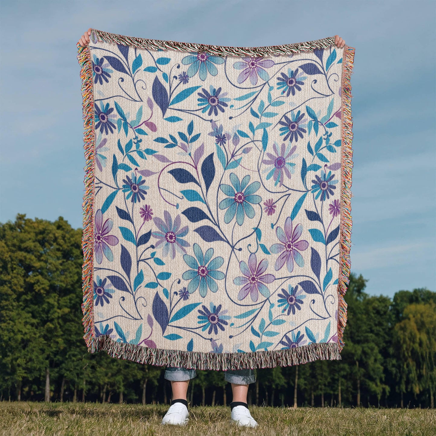 Blue And Purple Floral Pattern 019 - 50" x 60" Heirloom Woven Blanket