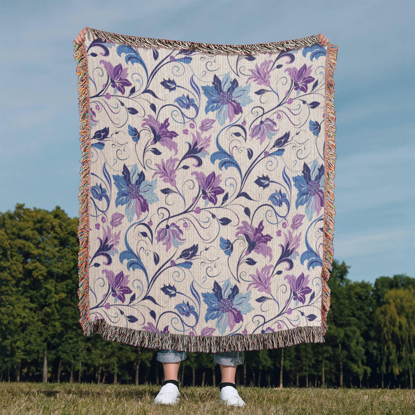 Blue And Purple Floral Pattern 022 - 50" x 60" Heirloom Woven Blanket