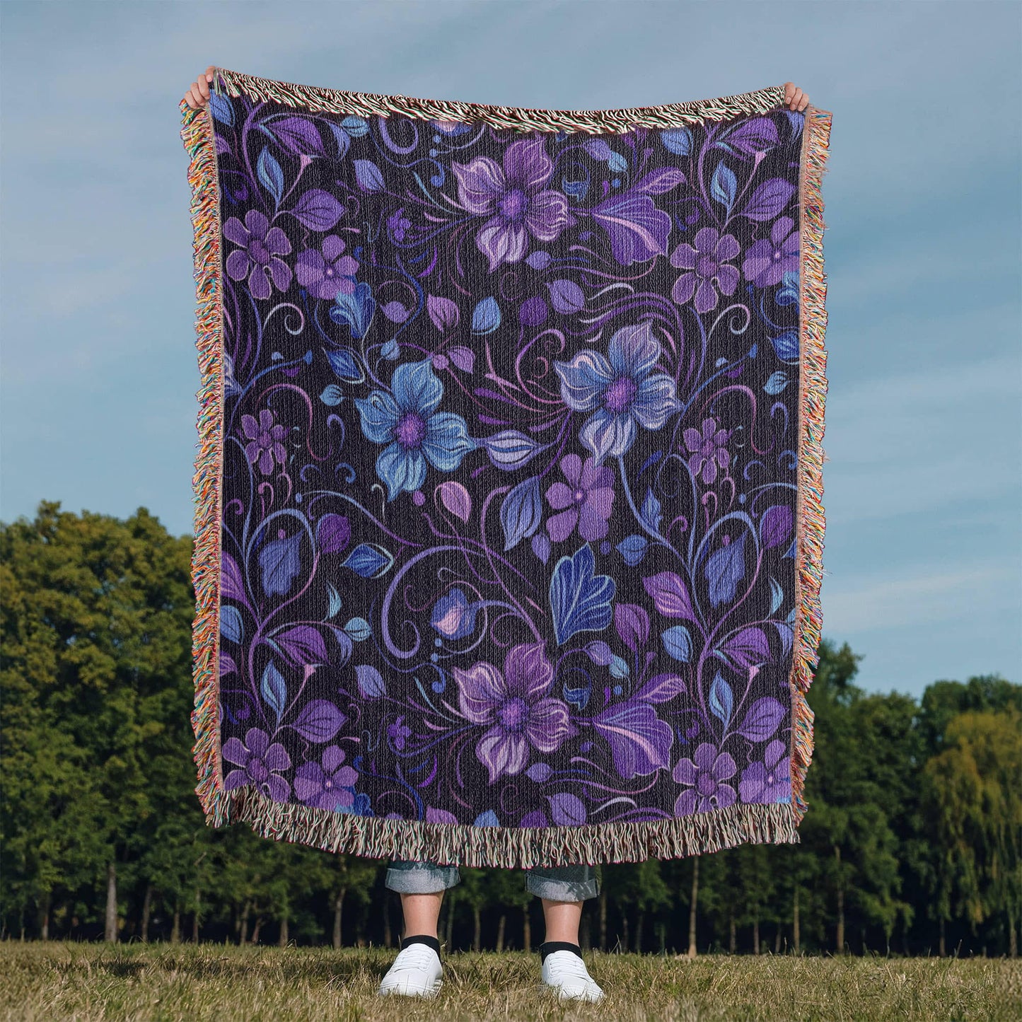 Blue And Purple Floral Pattern 011 - 50" x 60" Heirloom Woven Blanket