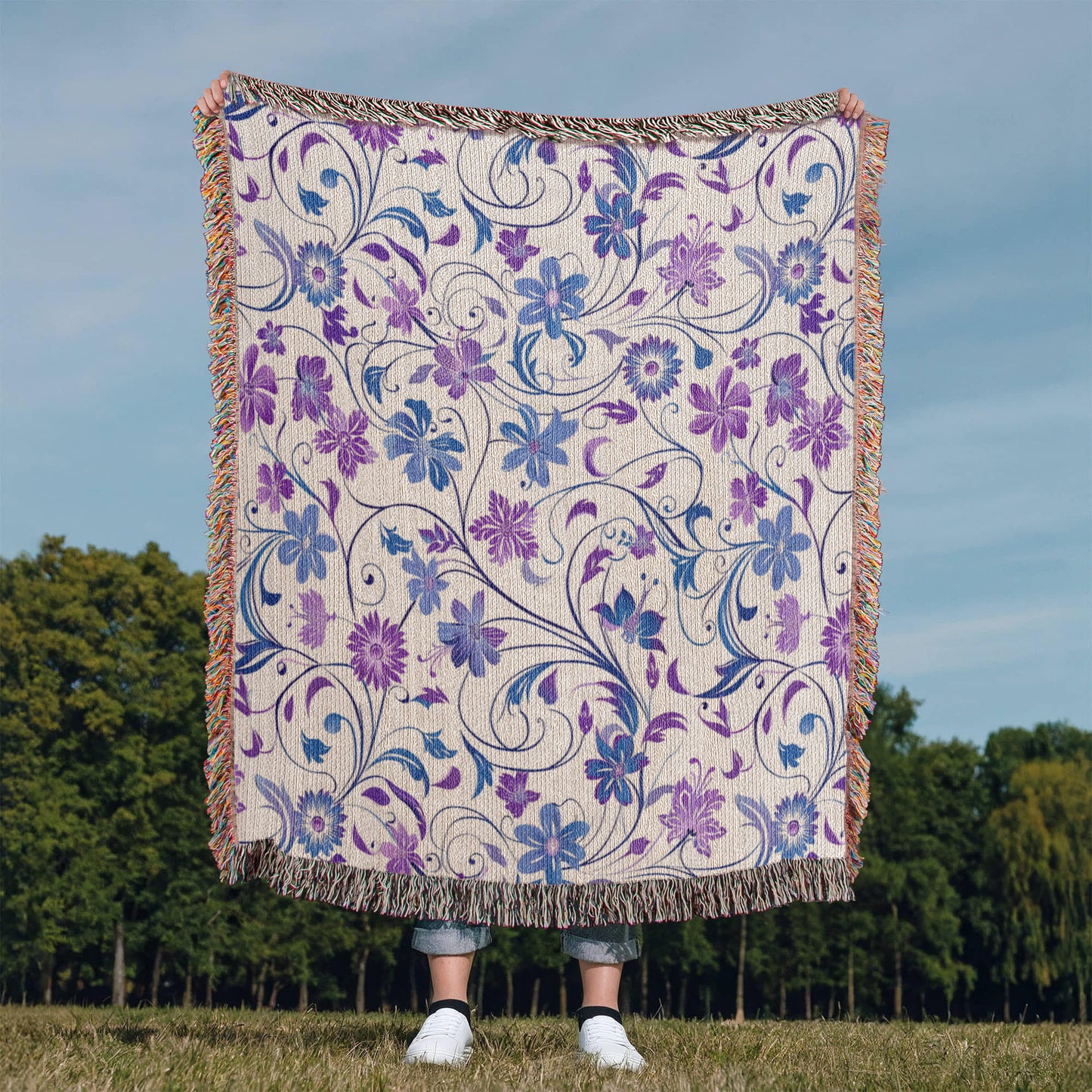 Blue And Purple Floral Pattern 012 - 50" x 60" Heirloom Woven Blanket