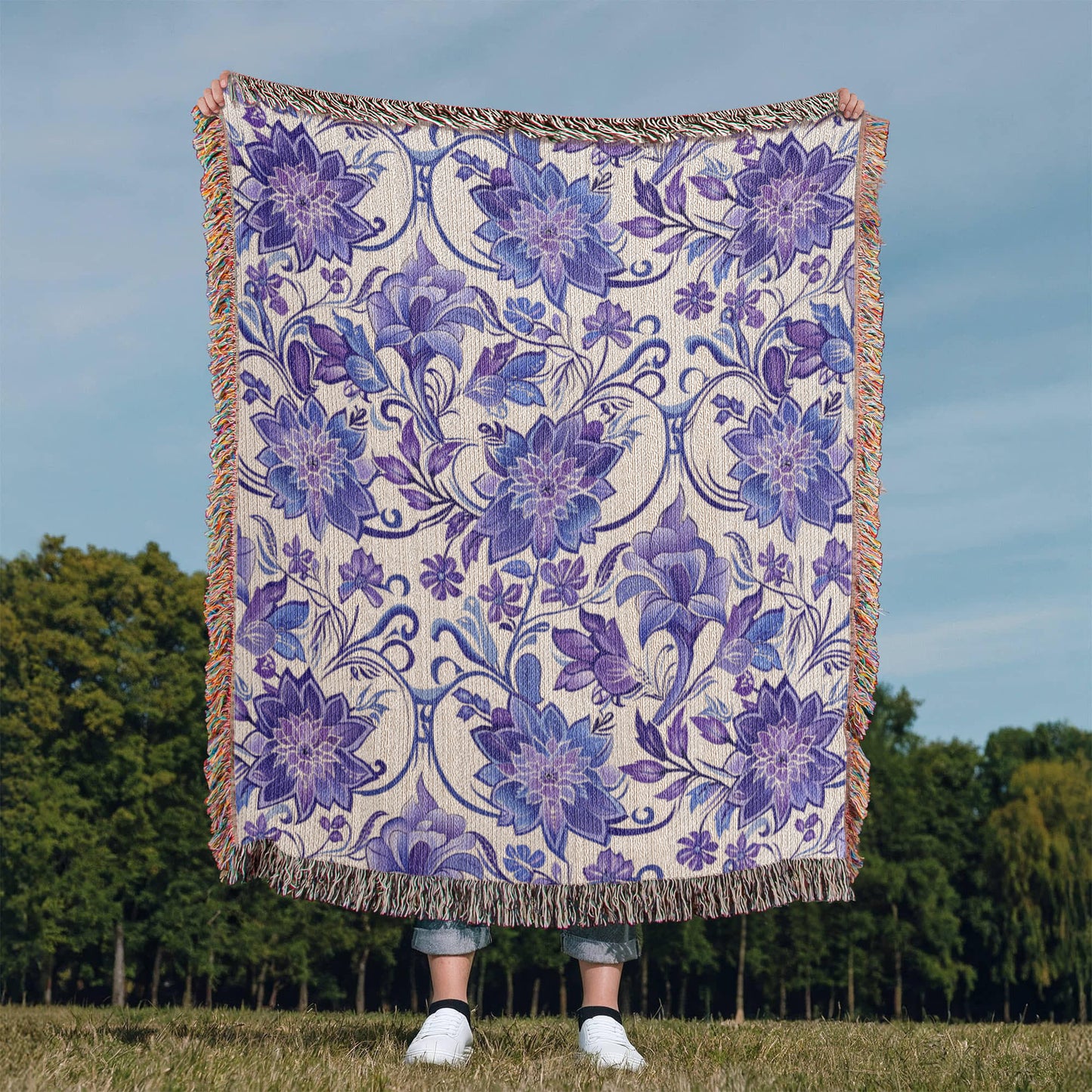 Blue And Purple Floral Pattern 004 - 50" x 60" Heirloom Woven Blanket