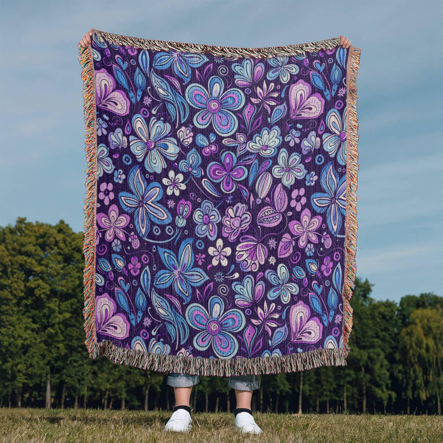 Blue And Purple Floral Pattern 001 - 50" x 60" Heirloom Woven Blanket