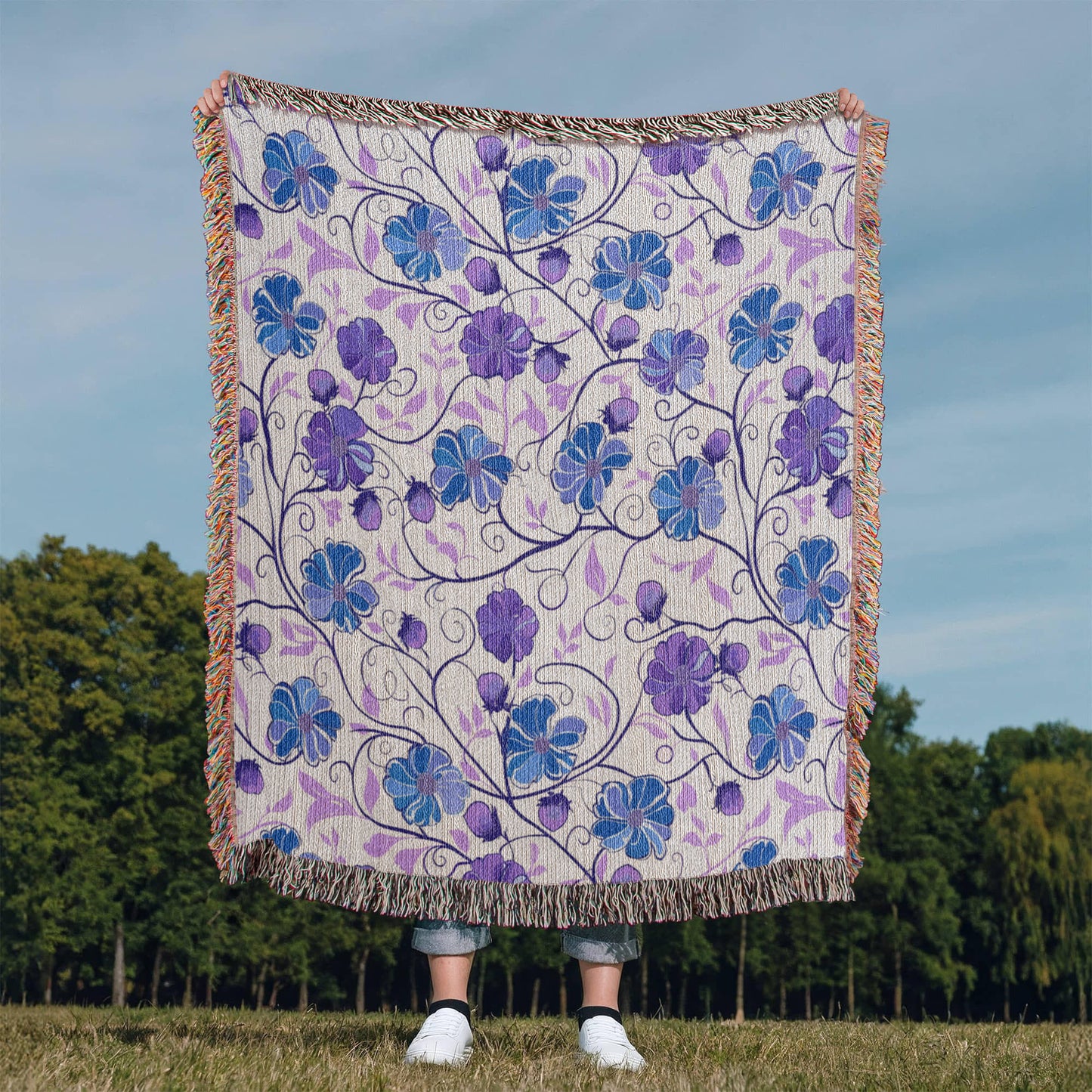 Blue And Purple Floral Pattern 024 - 50" x 60" Heirloom Woven Blanket