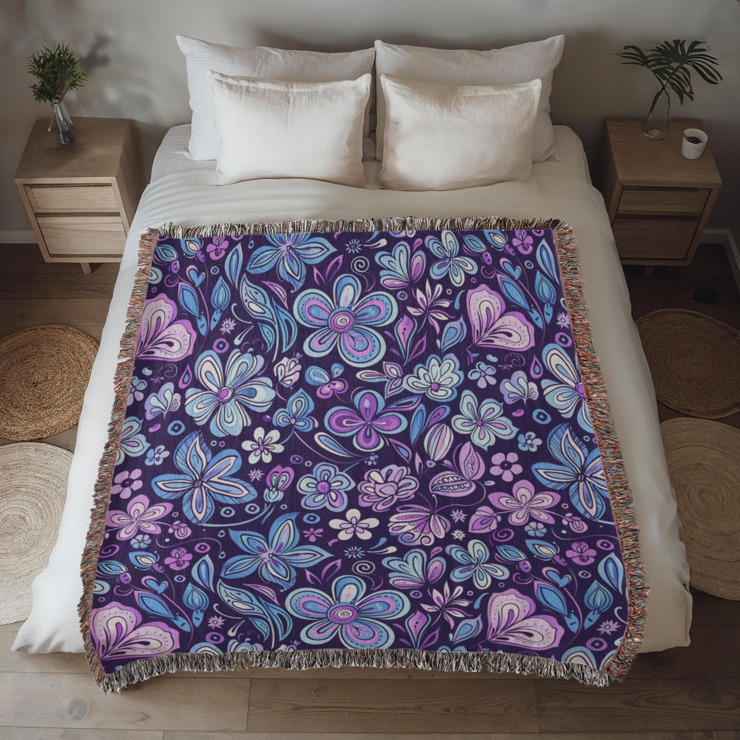Blue And Purple Floral Pattern 001 - 50" x 60" Heirloom Woven Blanket