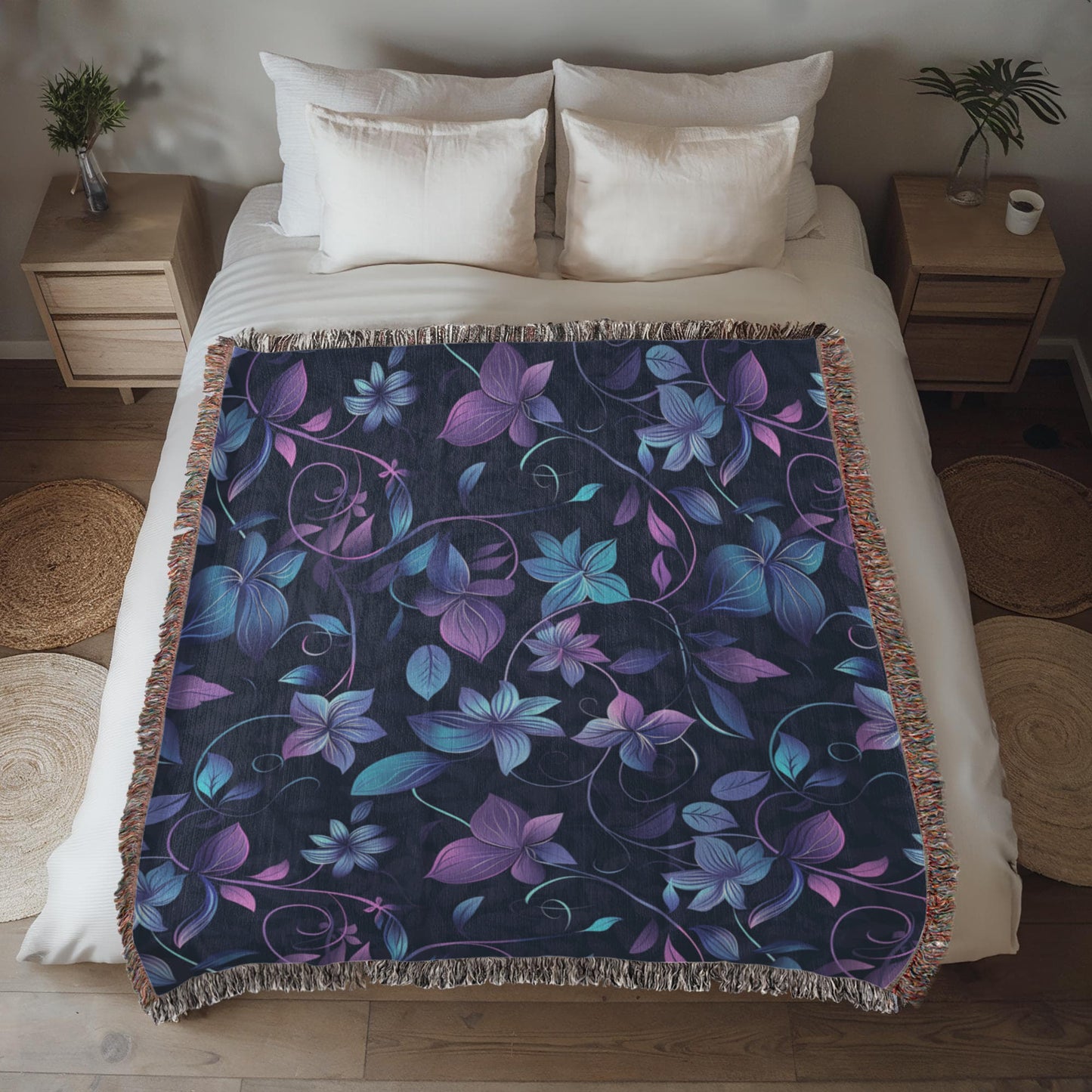 Blue And Purple Floral Pattern 002 - 50" x 60" Heirloom Woven Blanket