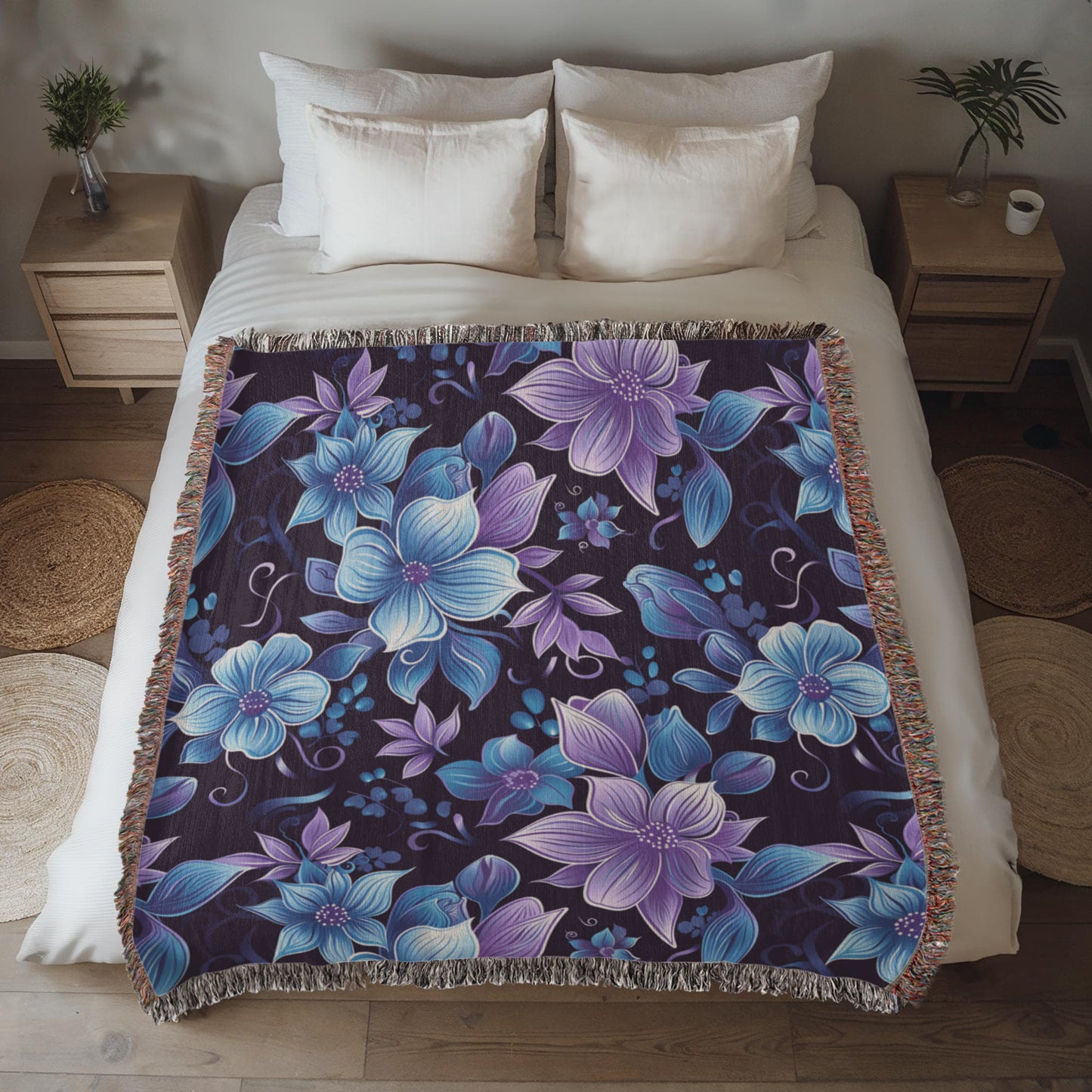 Blue And Purple Floral Pattern 021 - 50" x 60" Heirloom Woven Blanket