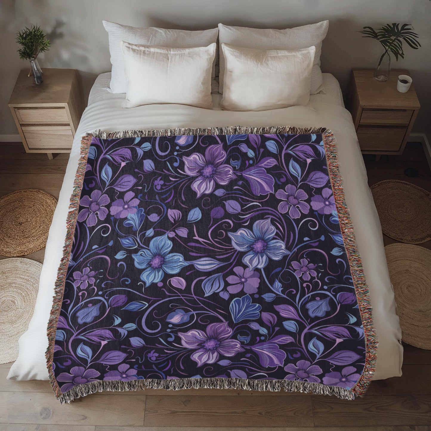 Blue And Purple Floral Pattern 011 - 50" x 60" Heirloom Woven Blanket