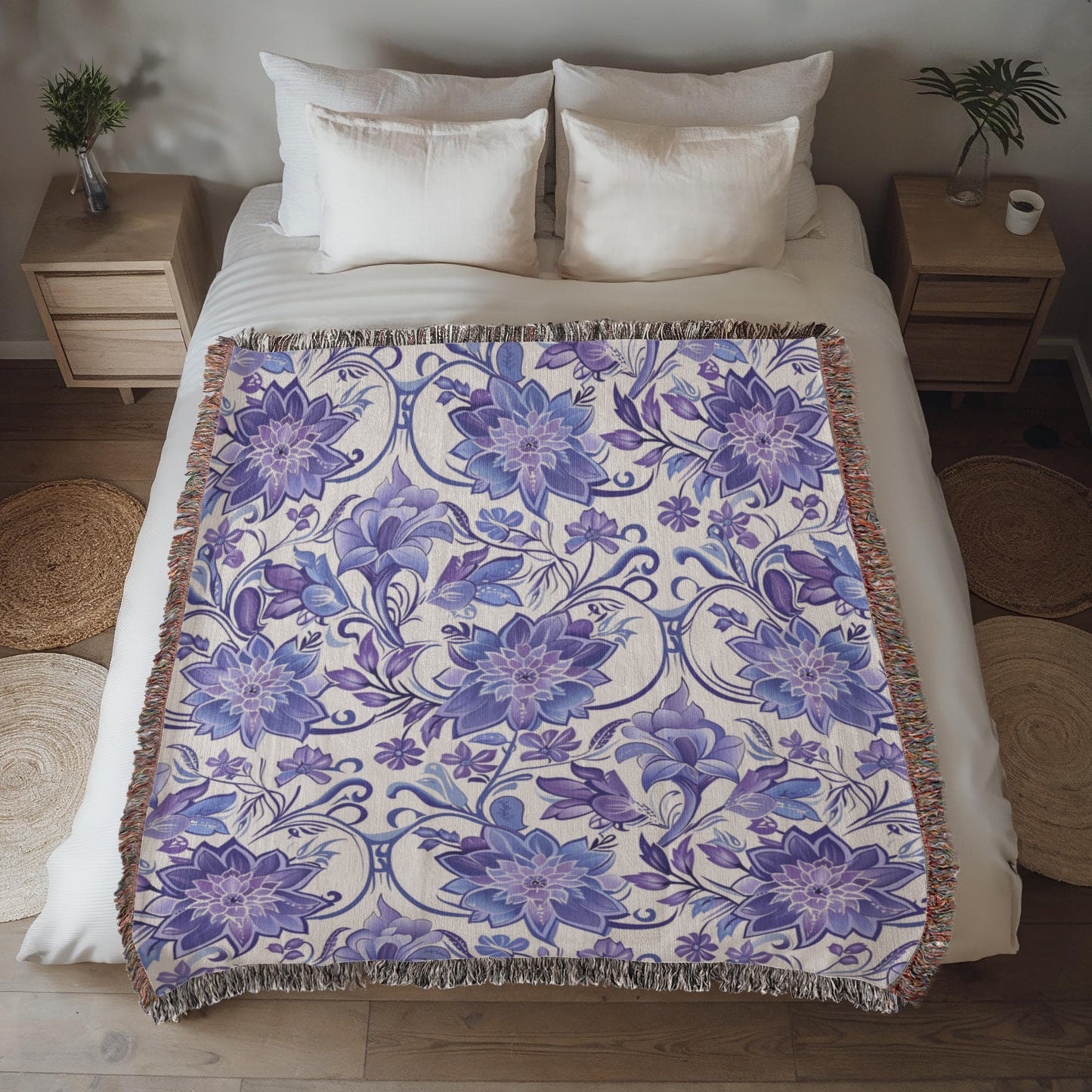 Blue And Purple Floral Pattern 004 - 50" x 60" Heirloom Woven Blanket