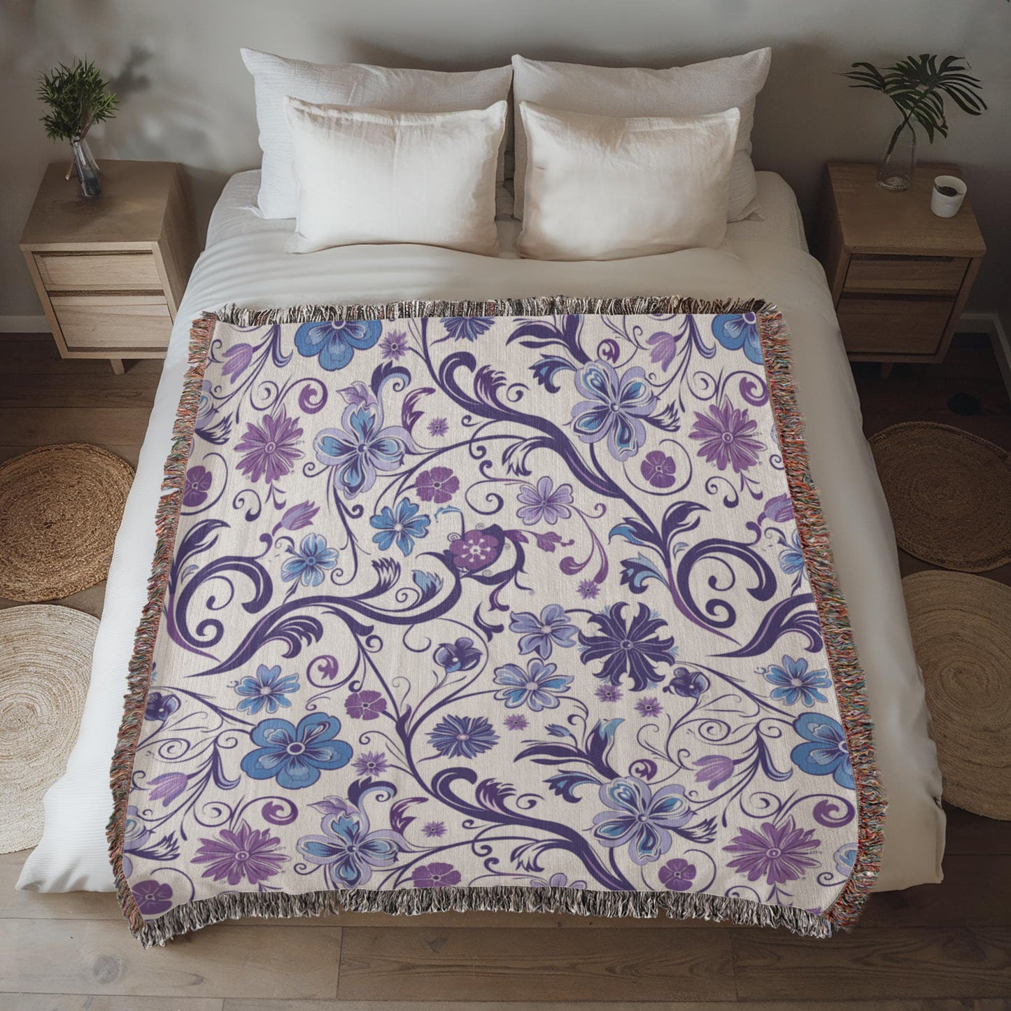 Blue And Purple Floral Pattern 027 - 50" x 60" Heirloom Woven Blanket