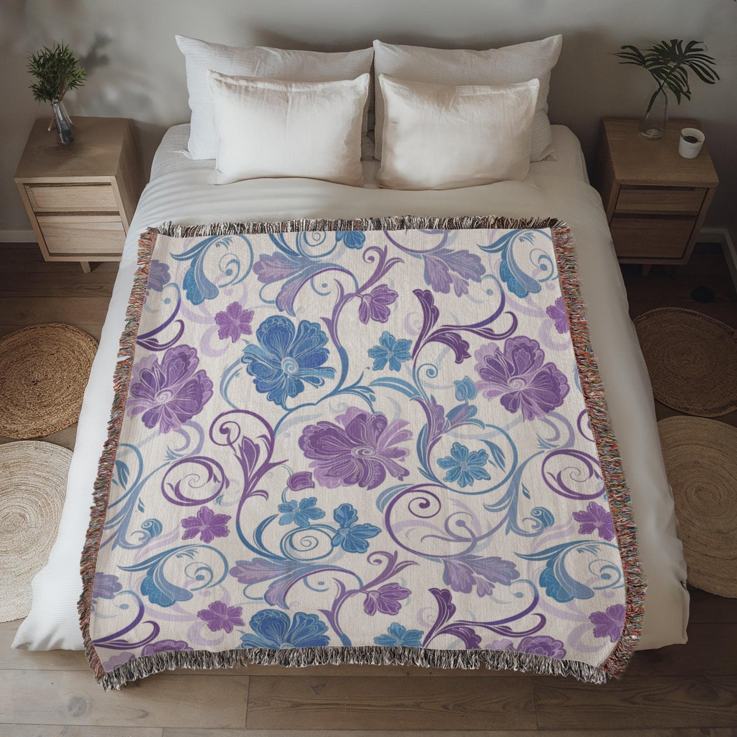 Blue And Purple Floral Pattern 016 - 50" x 60" Heirloom Woven Blanket