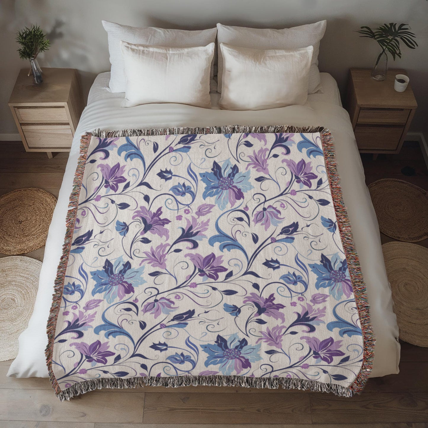 Blue And Purple Floral Pattern 022 - 50" x 60" Heirloom Woven Blanket