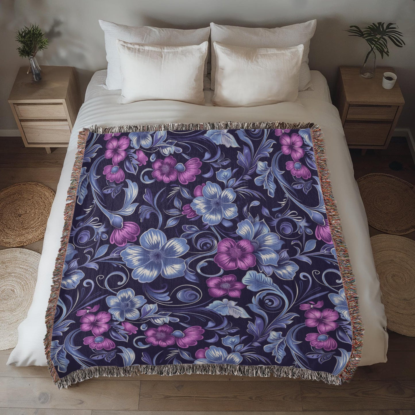 Blue And Purple Floral Pattern 013 - 50" x 60" Heirloom Woven Blanket