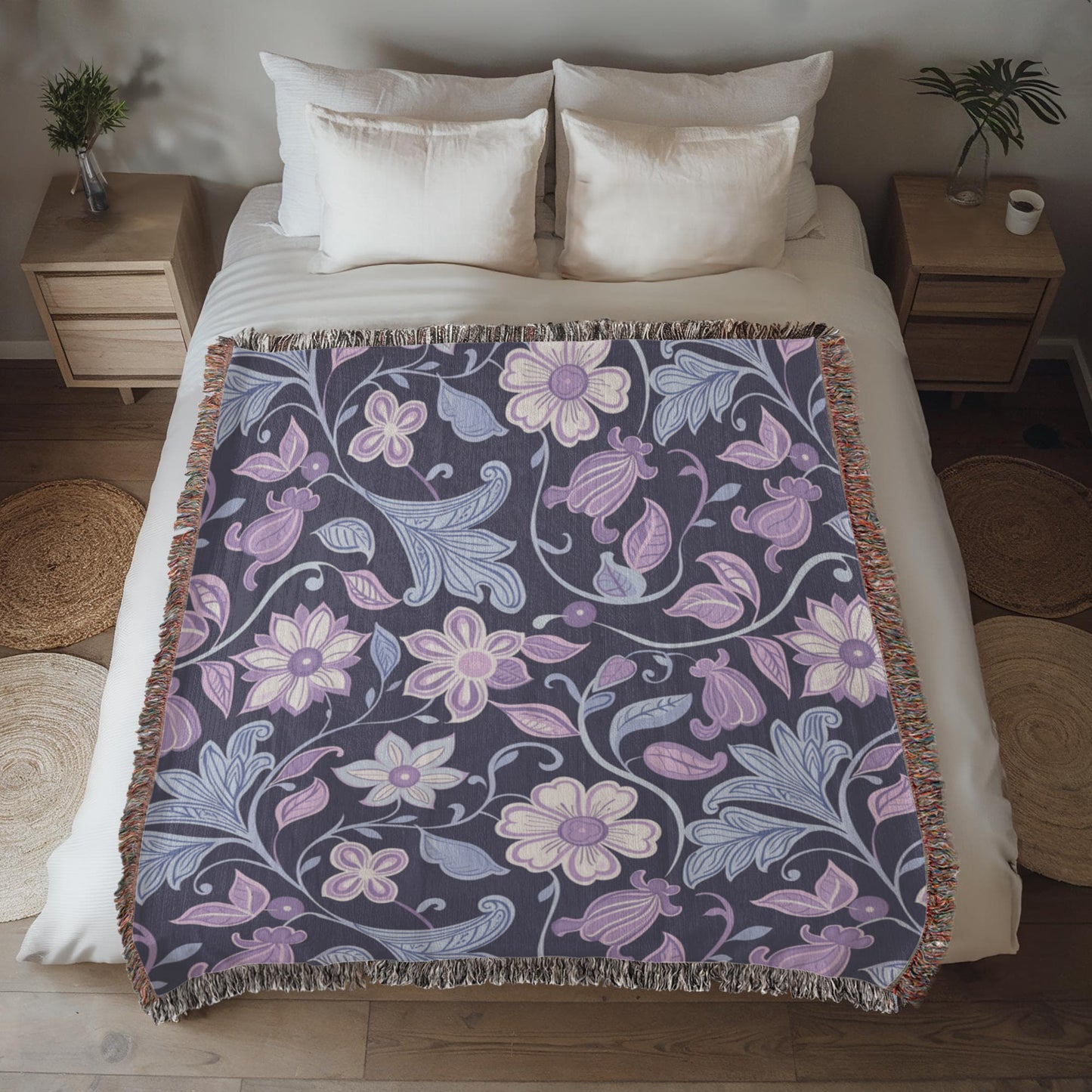 Blue And Purple Floral Pattern 008 - 50" x 60" Heirloom Woven Blanket