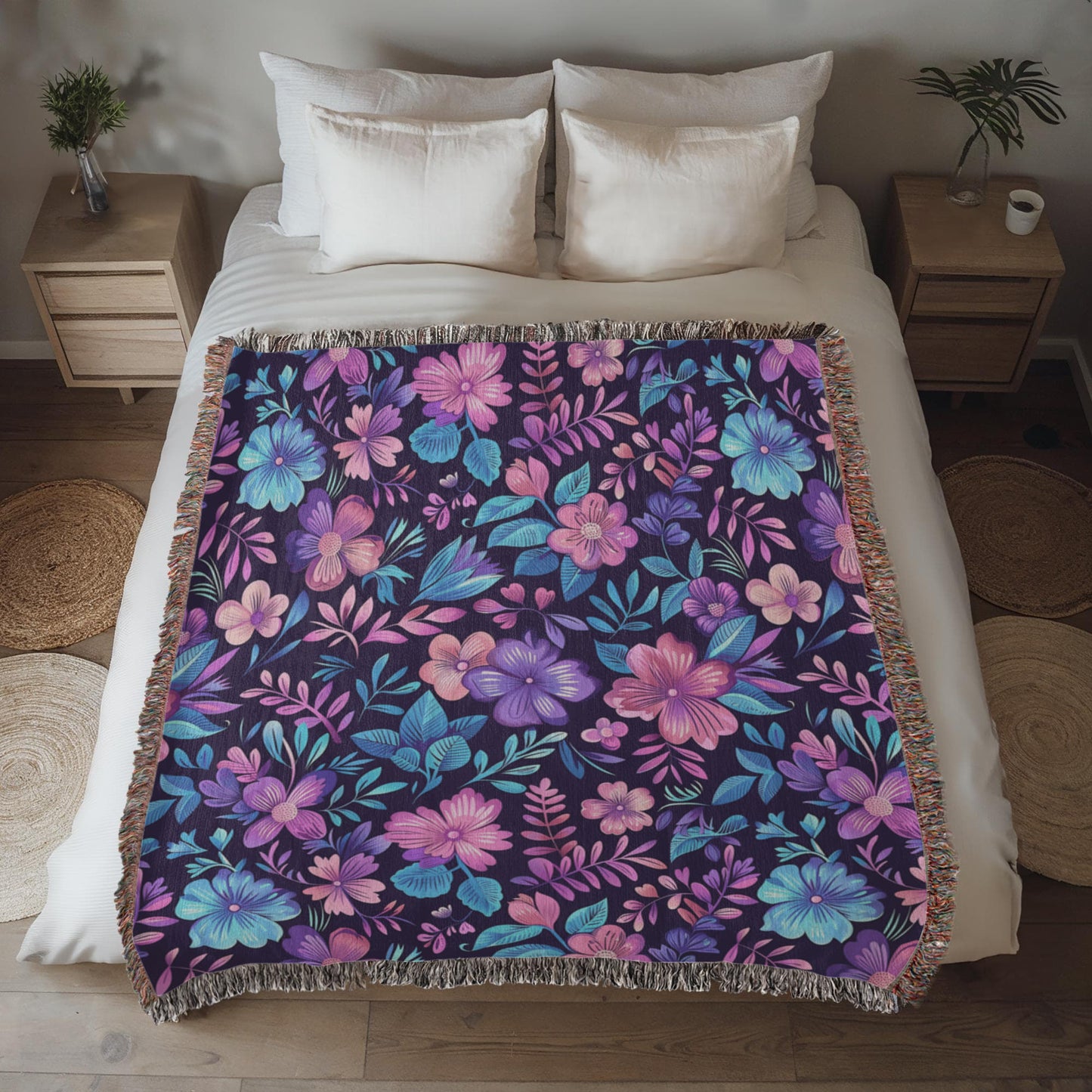 Blue And Purple Floral Pattern 015 - 50" x 60" Heirloom Woven Blanket