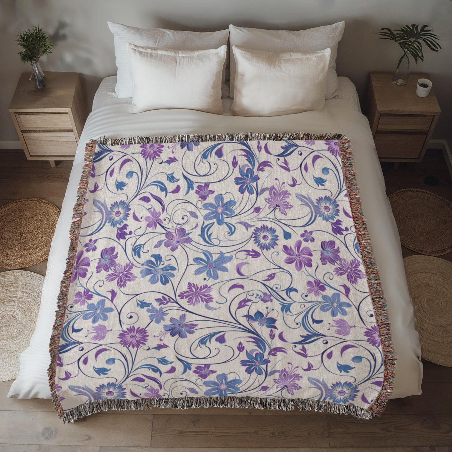 Blue And Purple Floral Pattern 012 - 50" x 60" Heirloom Woven Blanket