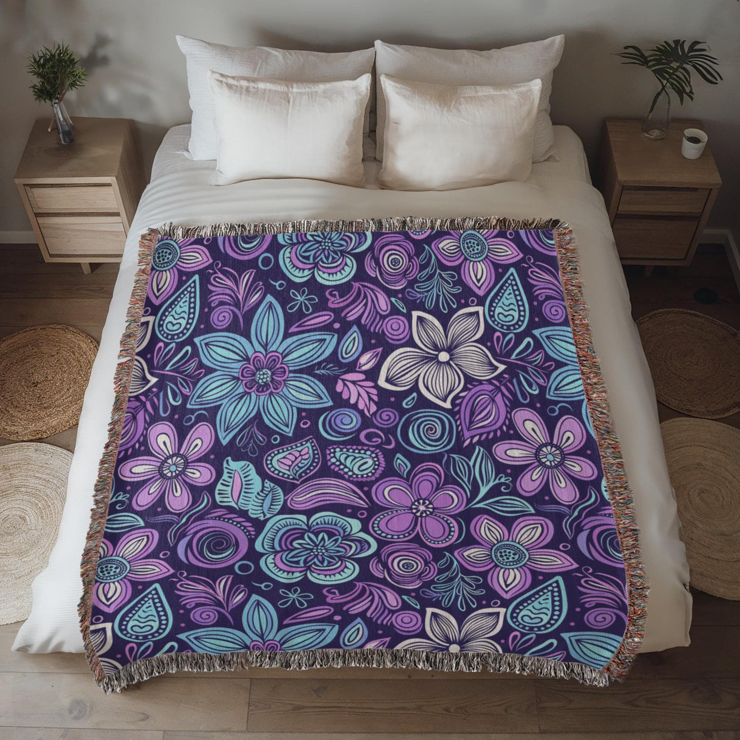 Blue And Purple Floral Pattern 005 - 50" x 60" Heirloom Woven Blanket