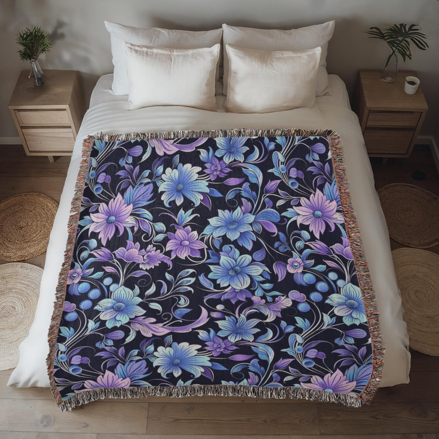 Blue And Purple Floral Pattern 025 - 50" x 60" Heirloom Woven Blanket
