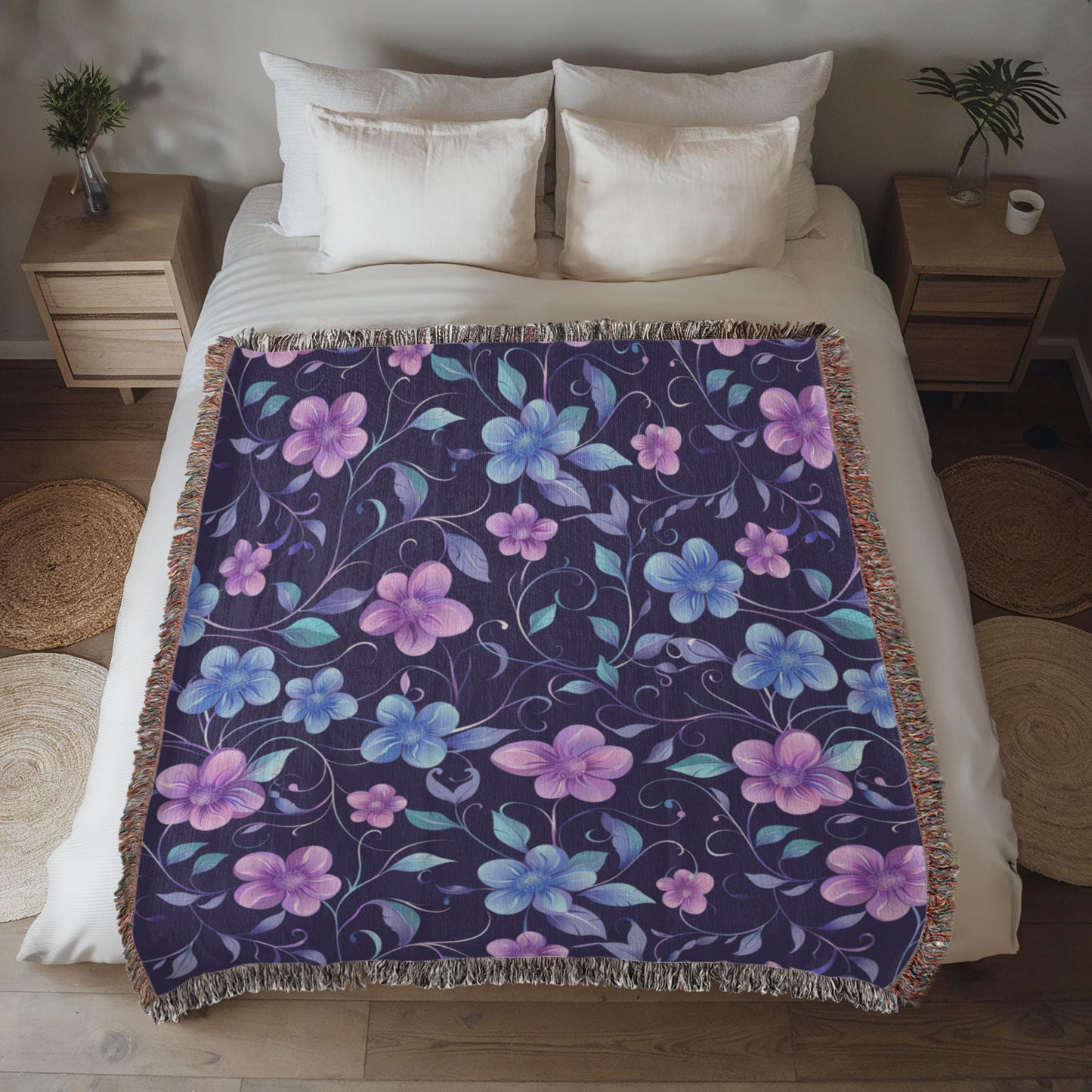 Blue And Purple Floral Pattern 026 - 50" x 60" Heirloom Woven Blanket