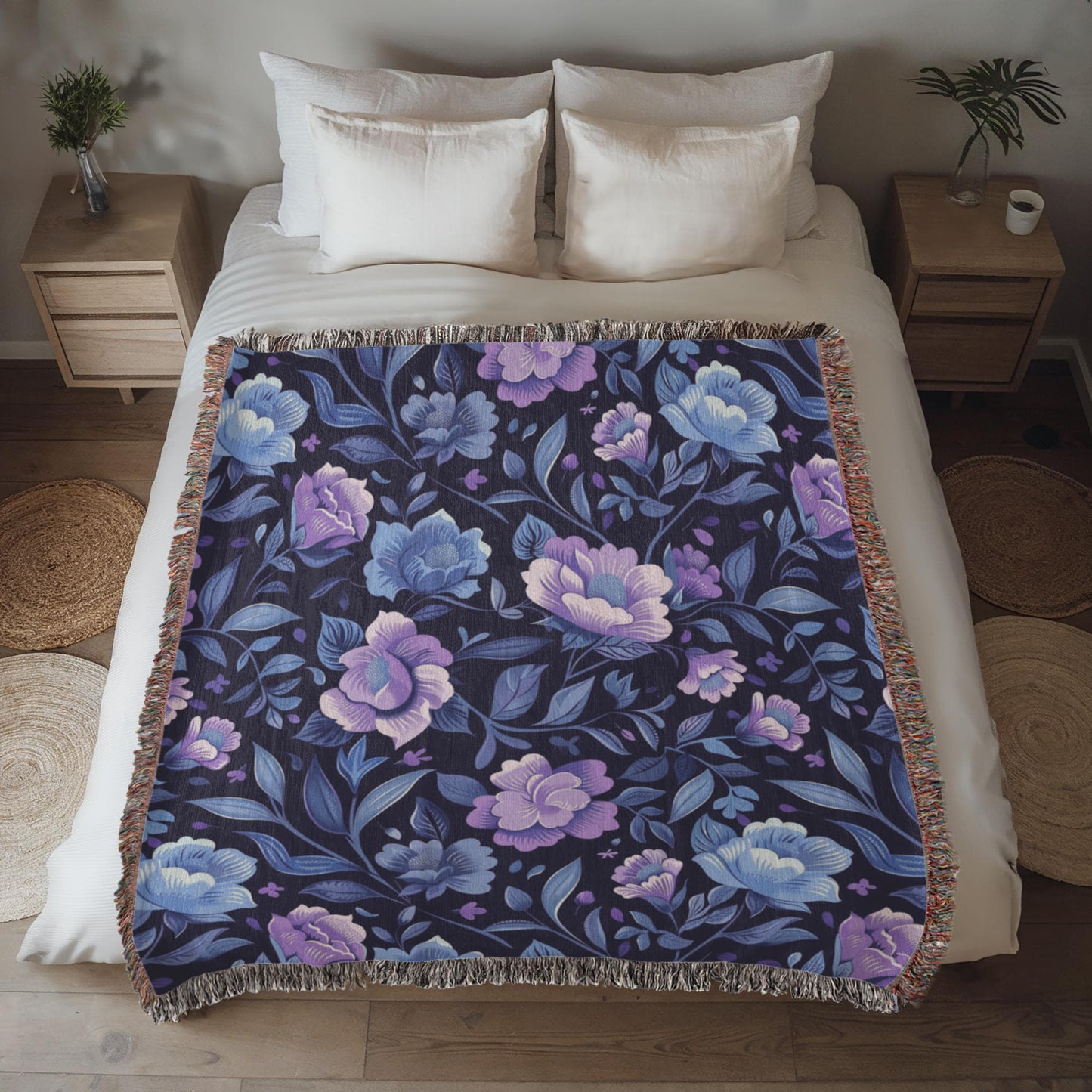 Blue And Purple Floral Pattern 007 - 50" x 60" Heirloom Woven Blanket