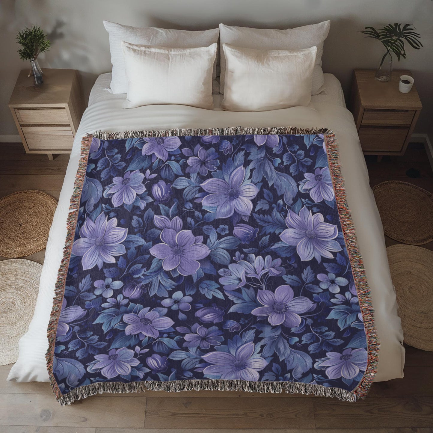 Blue And Purple Floral Pattern 014 - 50" x 60" Heirloom Woven Blanket