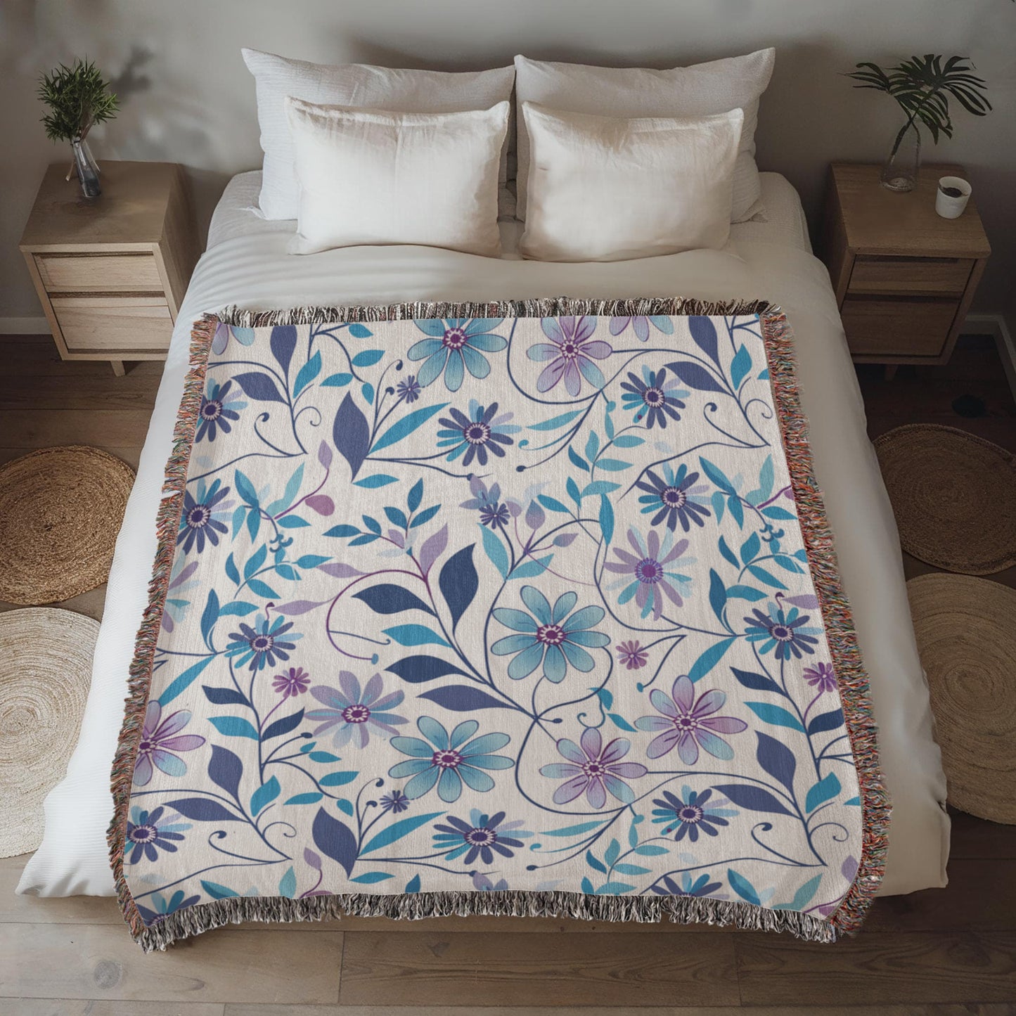Blue And Purple Floral Pattern 019 - 50" x 60" Heirloom Woven Blanket