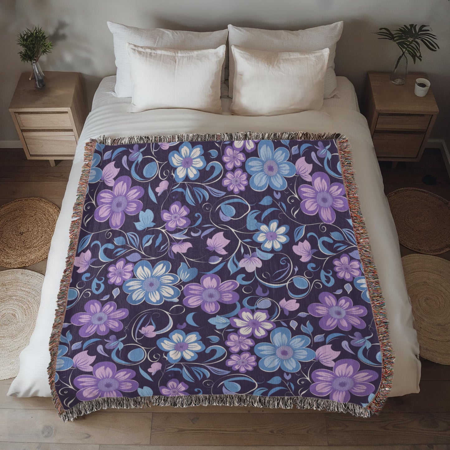 Blue And Purple Floral Pattern 003 - 50" x 60" Heirloom Woven Blanket