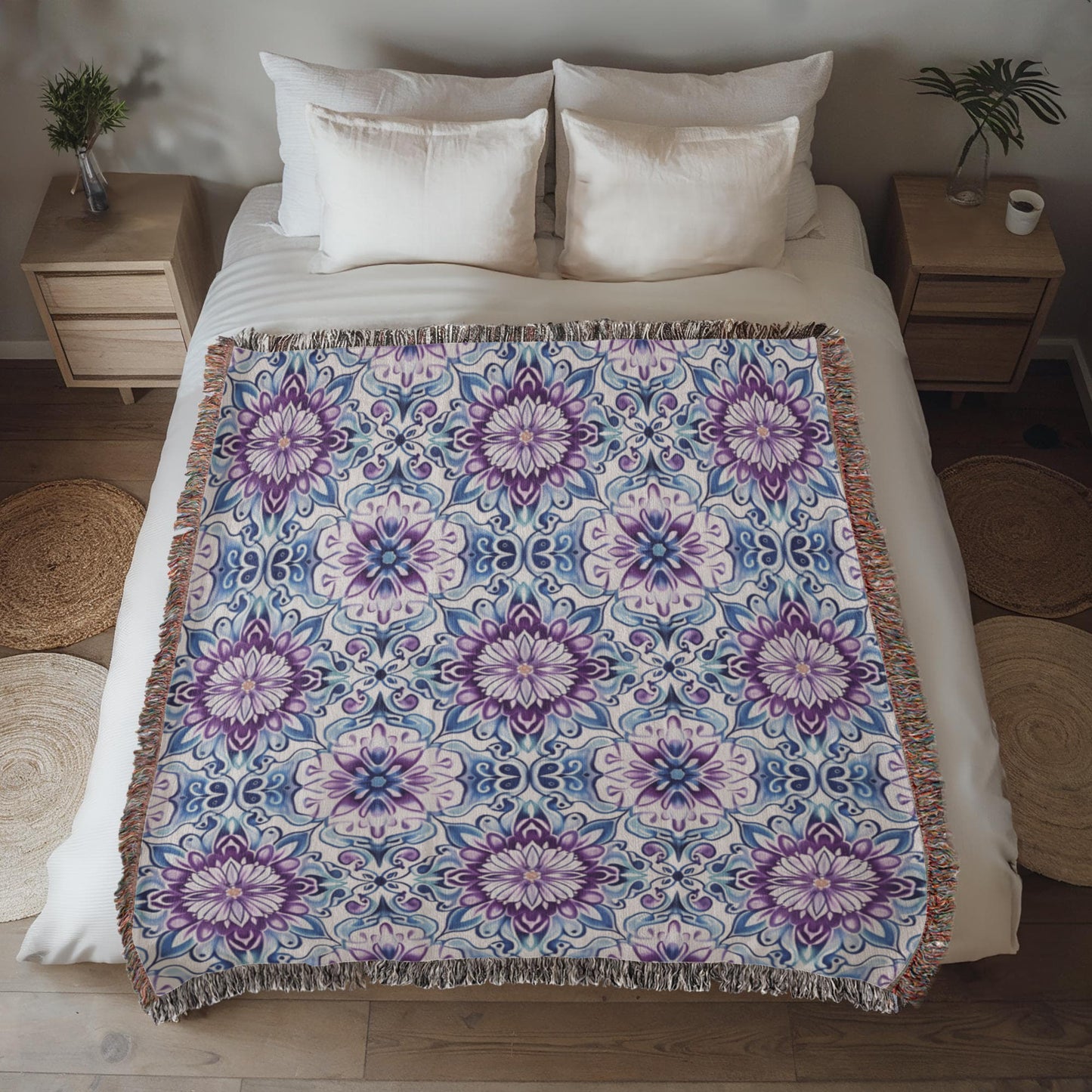 Blue And Purple Floral Pattern 020 - 50" x 60" Heirloom Woven Blanket