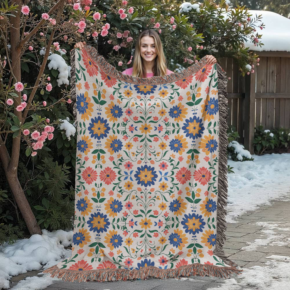 Mexican Floral Fiesta Pattern 016 - 60" x 80" Heirloom Woven Blanket