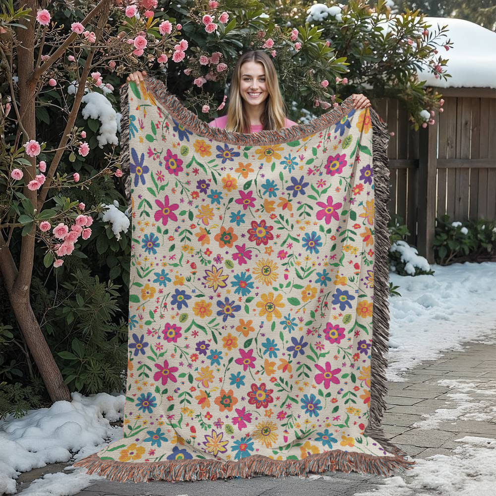 Mexican Floral Fiesta Pattern 005 - 60" x 80" Heirloom Woven Blanket
