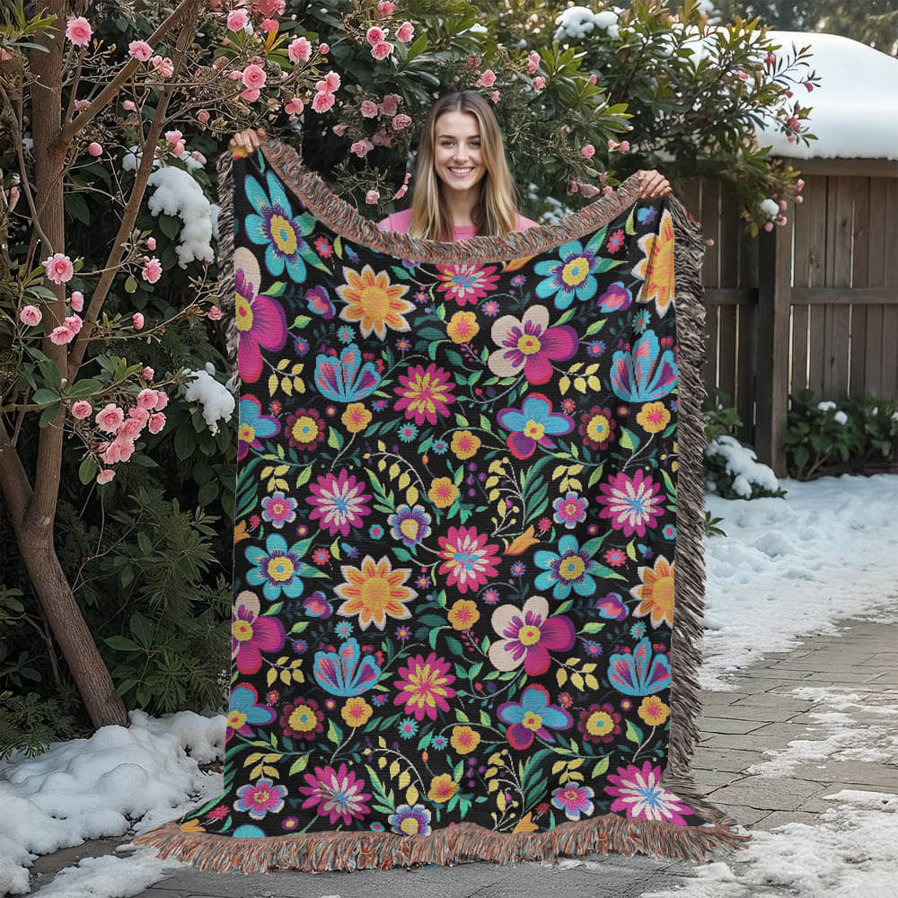 Mexican Floral Fiesta Pattern 034 - 60" x 80" Heirloom Woven Blanket